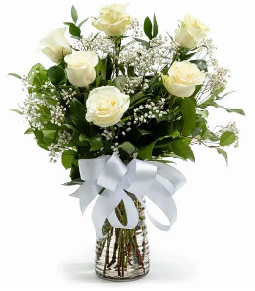 1/2 Dozen White Roses - 6 beautiful white roses arranged in a vase with baby's breath and greens.