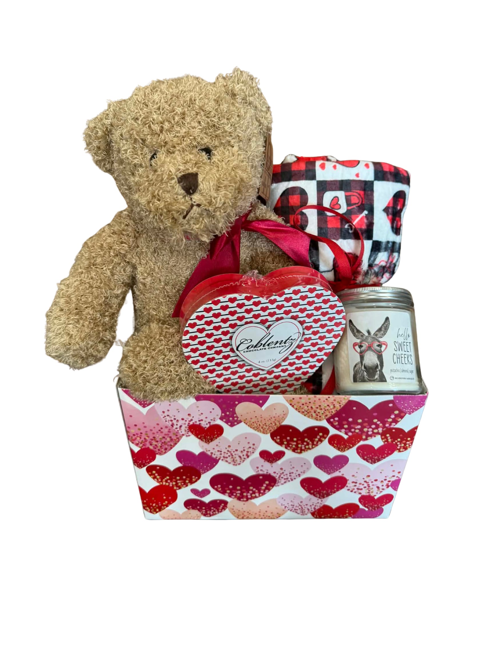 Valentine Love Basket  - Adorable basket filled with a small candle, Teddy Bear, heart chocolates and a plush throw!