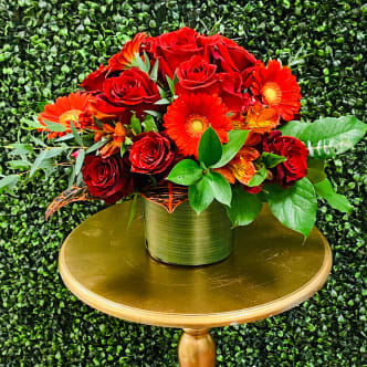 Fresh Daisy in Red with Luxe Gift Wrap and Personalized Card - Meet the Fresh Daisy in Red bouquet—a joyful departure from the ordinary. Brimming with fluffy, spirited gerbera daisies, its happiness unfolds from every angle. Accented with classic roses and fresh greens, this vibrant design blossoms in a playful mix of red and pink.