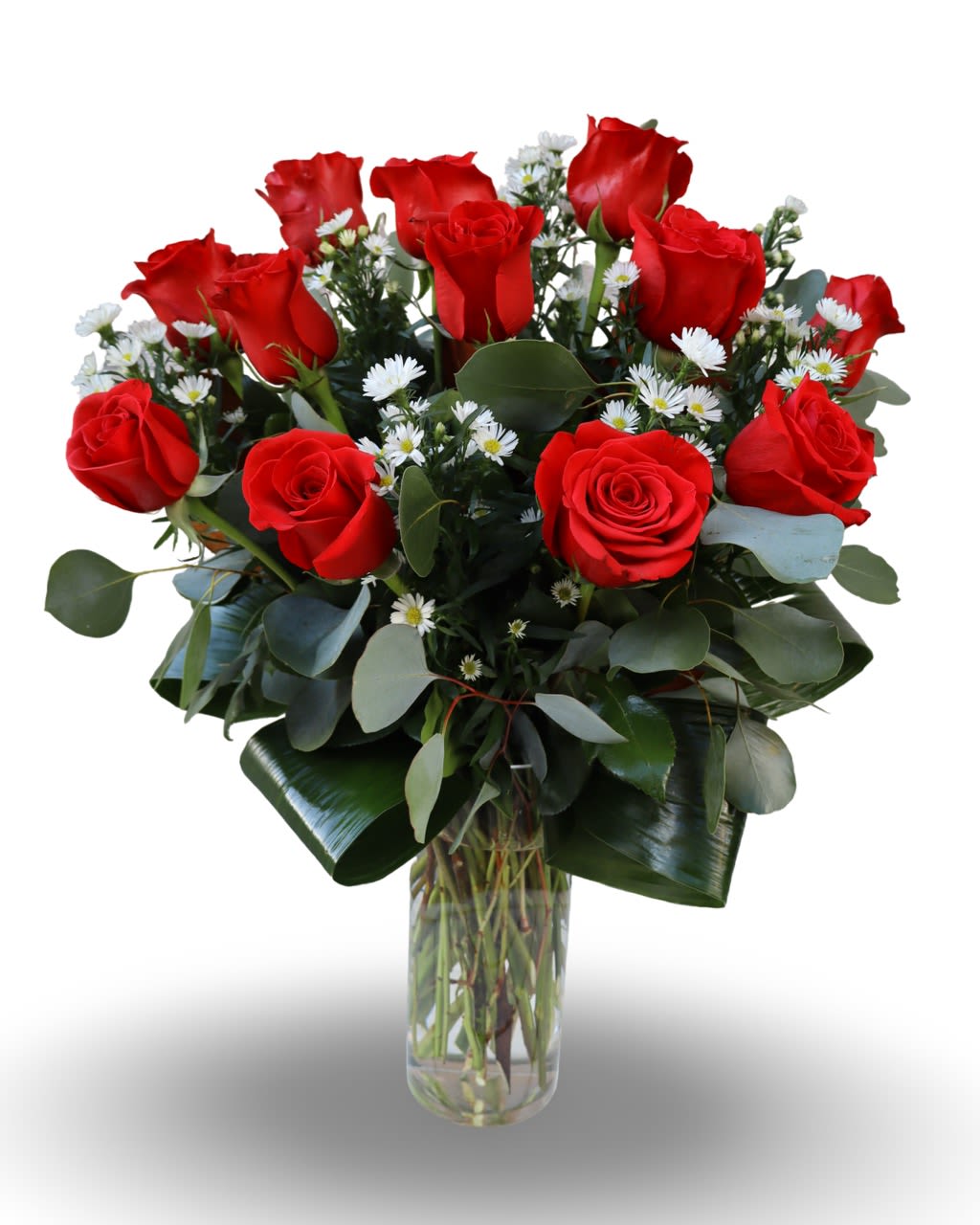 Forever Yours Roses - A timeless arrangement of fresh red roses accented with delicate white filler flowers and lush greenery, beautifully designed in a clear glass vase. Perfect for Valentine’s Day, anniversaries, or expressing love and appreciation any day of the year.