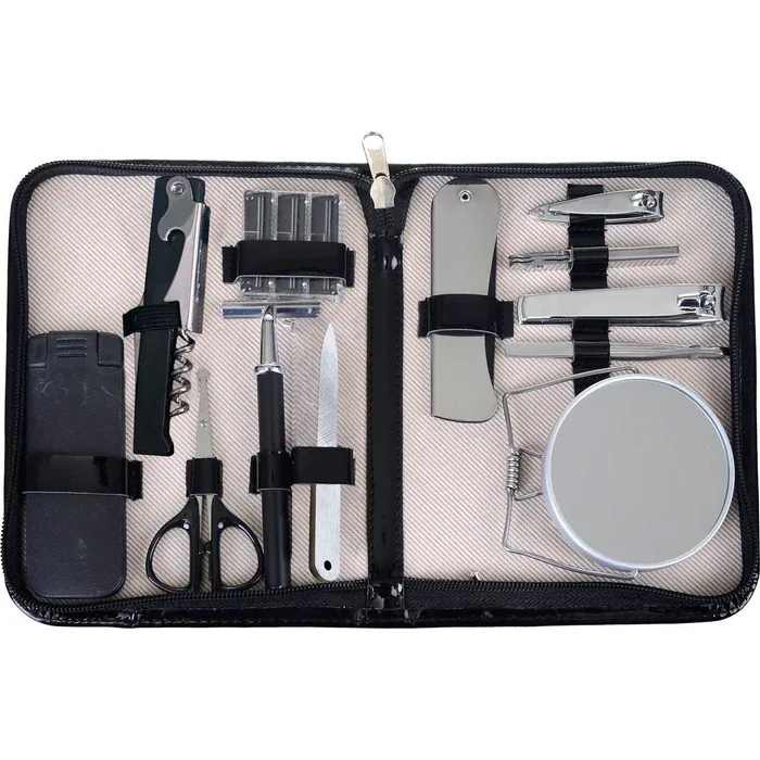Mr. On the Move Grooming Kit - Unlike most women who require a small suitcase for their toiletries, a traveling man needs only a few essentials to be happy. Full Zipper Closure. One Side includes: Comb, Nail Tools, and Mirror. The other side includes: Lint Brush, Bottle Opener, and Shaver. Material: Vegan Leather | Polyester Lining Dimensions: 7" x 5" x 1"