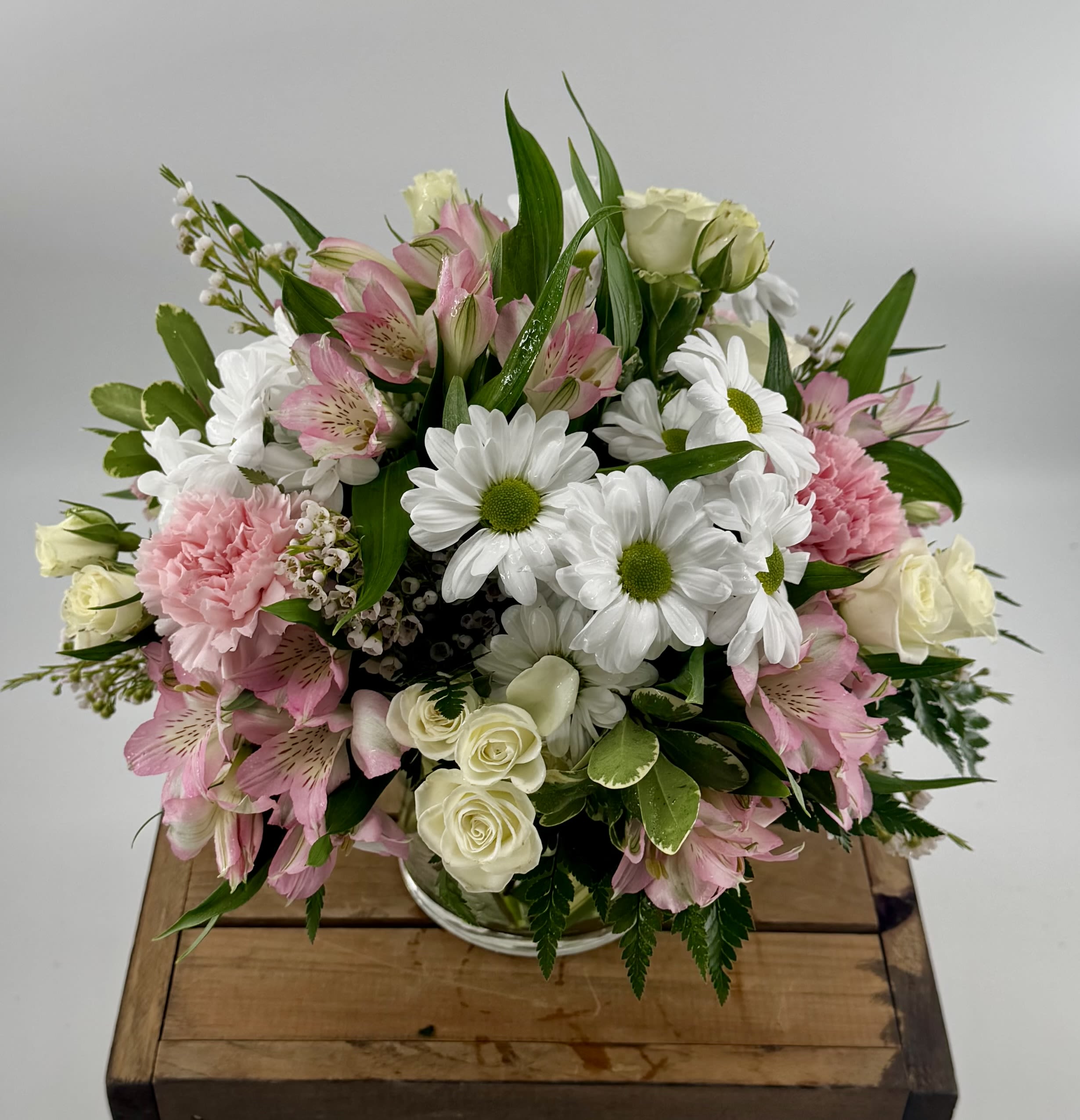 Sugarplum (BR) - Brighten any moment with this exquisite arrangement of white daisies, soft pink alstroemeria, elegant spray roses, delicate carnations, and fragrant wax flowers, all nestled in lush greenery. Expertly crafted in a sleek 5x5" glass cylinder vase—your occasion, but better. 