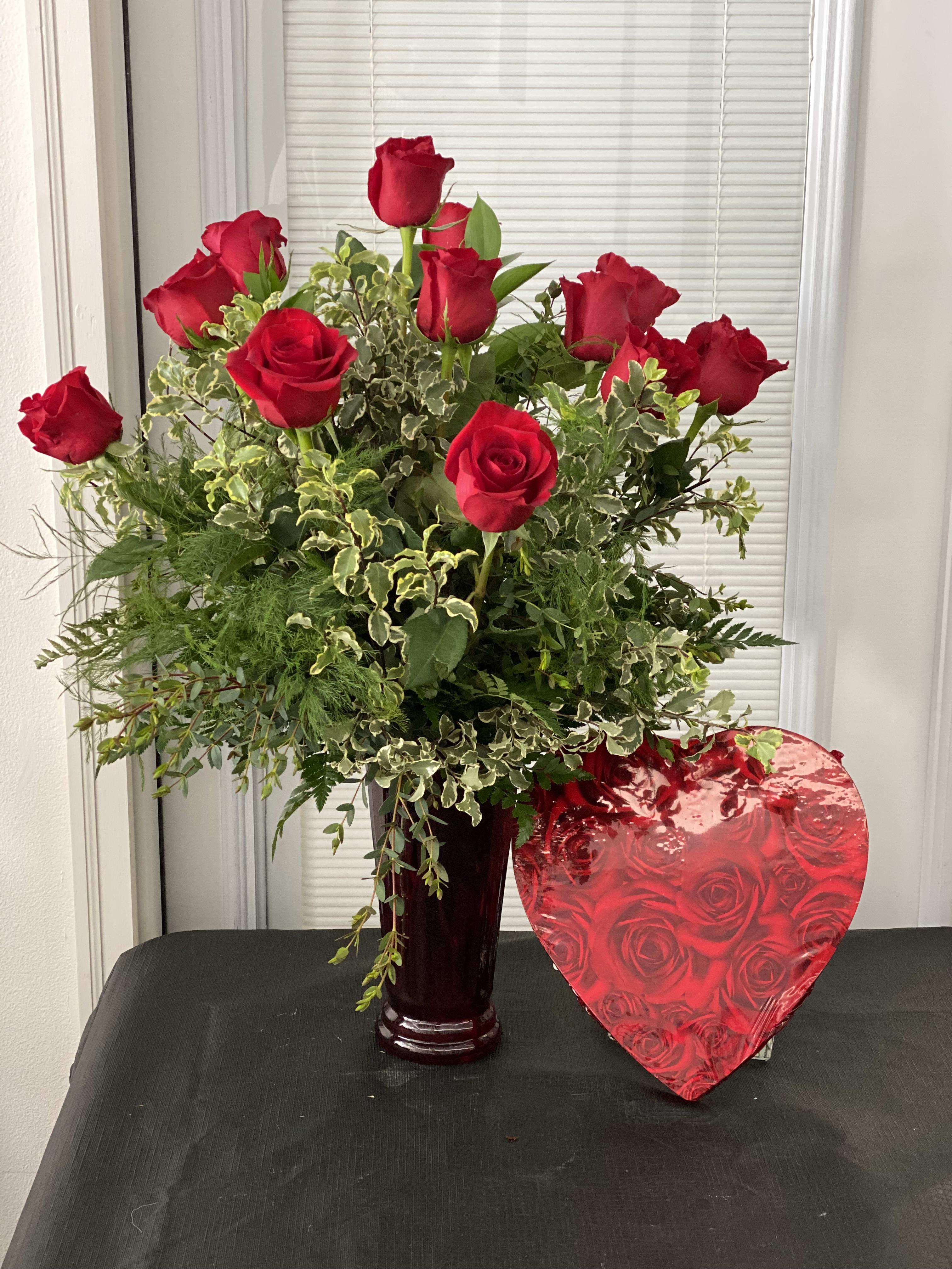 One Dozen Red Roses with Silver Queen Pittosporum and Chocolates - One Dozen Red Roses with Silver Queen Pittosporum and Chocolates