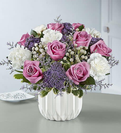 Moonbeam Bouquet - White roses,silver brunia,purple trachelium,white carnations,purple limonium, variegated pittosporum.