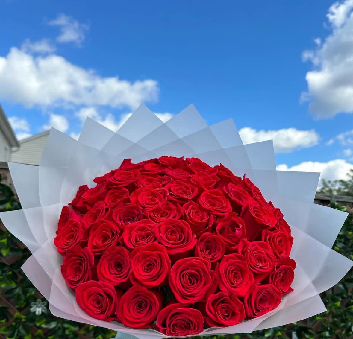 Hand Wrapped Bouquet of Roses - Elegant, bold, and beautifully timeless. Our Hand-Wrapped Rose Bouquet features premium long-stem roses artfully gathered and finished with luxe wrapping for a modern, romantic presentation. No vase needed — this bouquet is designed to make an instant impression.  Each bouquet is created using one solid rose color for a striking, cohesive look. Color options include red, pink, light pink, purple, or yellow. Color availability may vary based on seasonal supply.  Available Sizes:  Standard – 50 Roses A generous, romantic bouquet with a full, classic presentation.  Deluxe – 75 Roses Lush and eye-catching, this size offers added volume and drama for an elevated gesture.  Premium – 100 Roses A breathtaking, statement-making bouquet designed to wow — perfect for grand romantic moments and milestone celebrations.  Bouquet is hand-wrapped in premium paper and ribbon. Vase not included. Photos shown are examples; exact shades and wrapping may vary slightly.