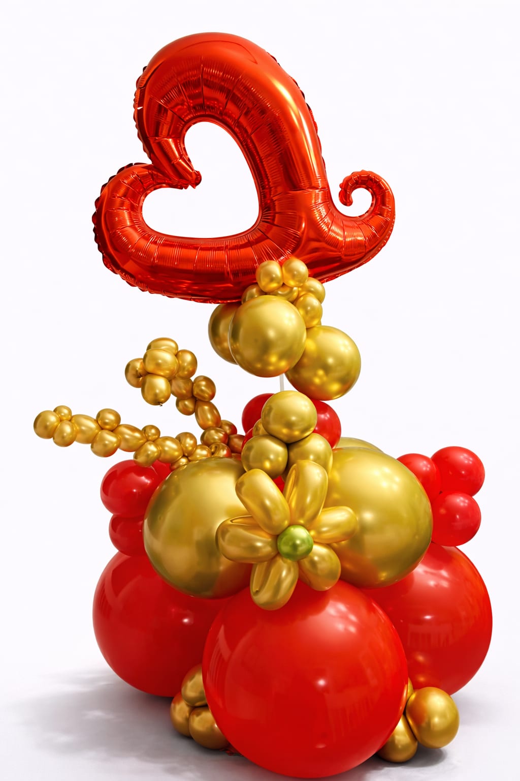 Golden Heart Romance - This elegant balloon arrangement features a romantic red and gold palette, highlighted by a sculpted heart-shaped foil balloon at the top. The organic base blends glossy red balloons with metallic gold accents and floral balloon details, creating a bold, luxurious statement—perfect for love celebrations and special moments.