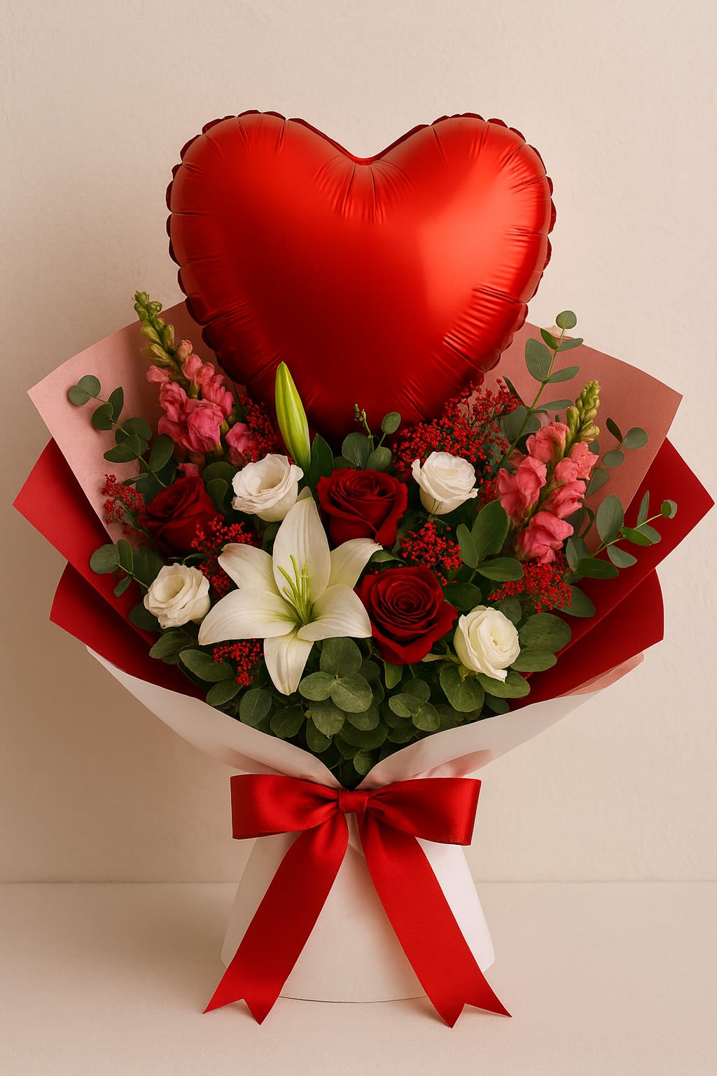 Luz de Mi Corazón Ramo by Latin Lady Luxe  - Luz de Mi Corazón is a soft, elegant bouquet designed to brighten someone’s day with warmth and affection. This arrangement features a romantic blend of white lilies and premium roses, paired with fresh greenery for a lush, full look. A Valentine’s‑themed, air‑filled balloon peeks gently from within the blooms, adding a sweet touch suitable for any love‑filled occasion.  Wrapped in layered Korean‑style premium paper and finished with decorative ribbons, this bouquet brings together beauty, sentiment, and a touch of modern charm. Perfect for anniversaries, birthdays, romantic surprises, or simply reminding someone they are the light of your heart.