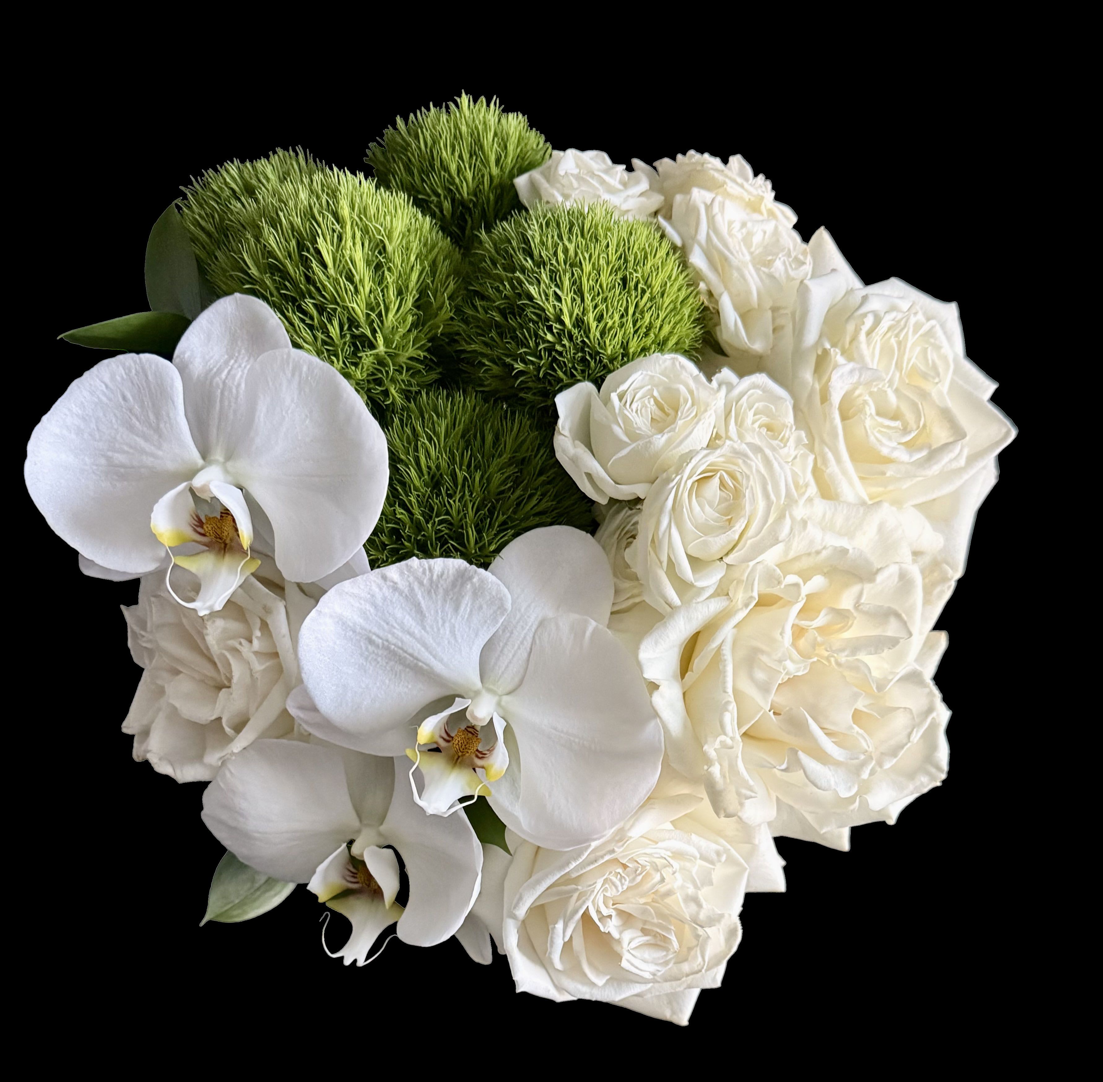 Pure - White and green accent floral in leaf lined glass vase available in standard cube perfect for a side table, deluxe cube good size for a centerpiece for a small table and long low rectangle centerpiece.