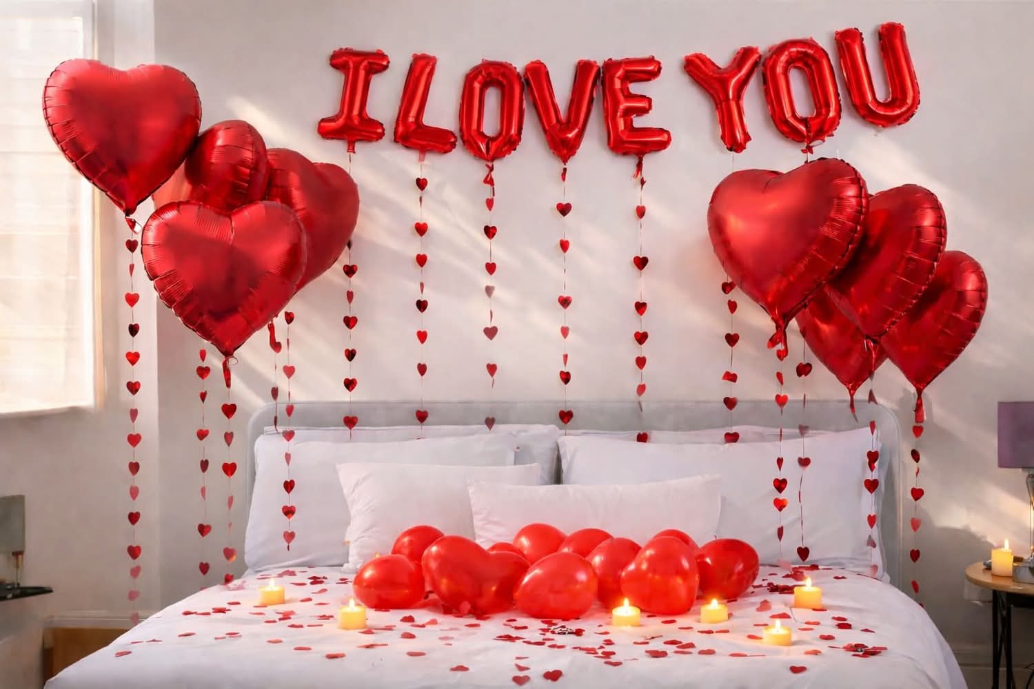 VDay I Love You Balloon Setup - This Valentine’s Day Romantic Night Decoration Setup includes striking red foil balloons, each with a beautiful heart-shaped tail for an added wow factor. The kit also comes with heart confetti, rose petals, 6 fake candles, one I Love You foil balloon to stick on your wall, and 10 mini heart scatter balloons, perfect for creating a romantic atmosphere, whether decorating at home or a hotel room for a special night!