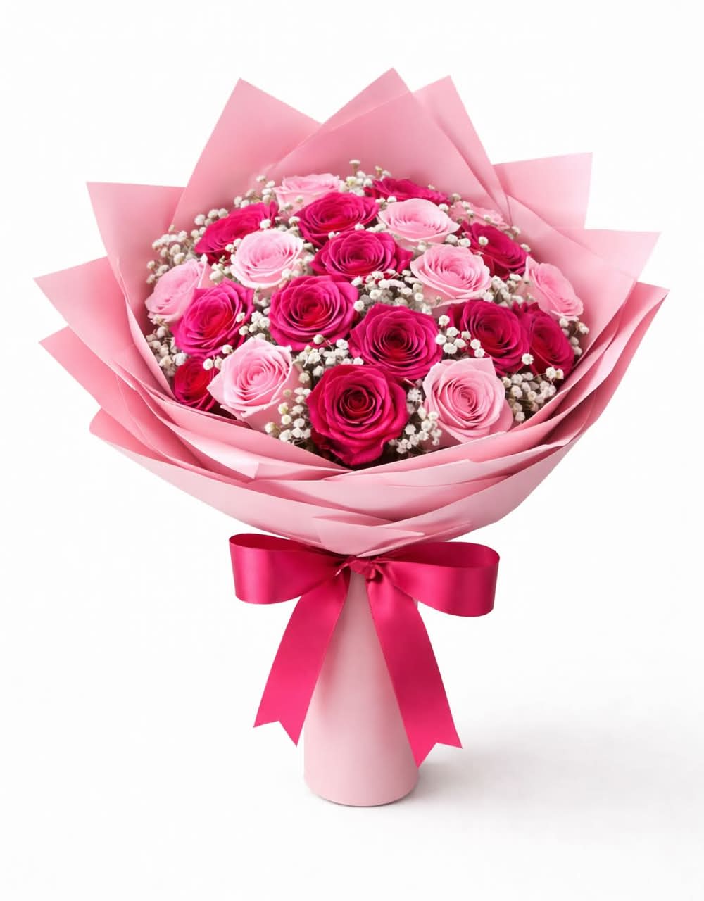Valentine’s Day Bouquet - Pink/Hot Pink - This stunning hand-crafted bouquet features a lush arrangement of vibrant hot pink and soft blush roses, beautifully accented with delicate baby’s breath for added texture and charm. Wrapped in layers of soft pink premium paper and finished with a bold satin ribbon, this bouquet delivers a perfect balance of romance and elegance.