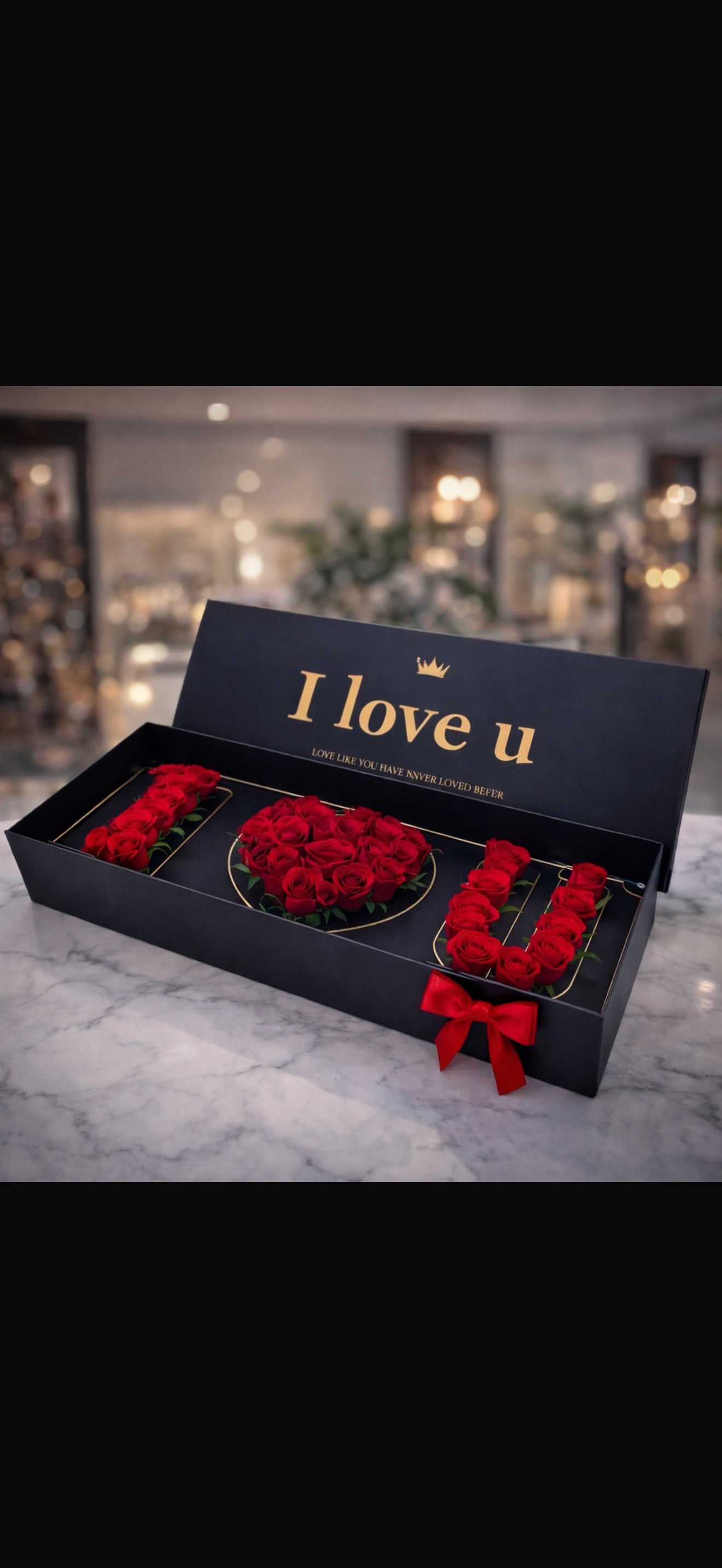 I Love U Long Box - A luxurious long box filled with premium red roses, artfully arranged to spell “I  U,” creating a bold and unforgettable expression of love—romantic, elegant, and timeless.