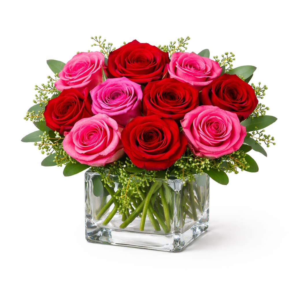 Sparks Fly  - Lush red &amp; hot pink roses , modern and compact dozen rose design in a glass cube   *Vase/container may vary depending on availability of stock at time of purchase. *We strive to use the flowers shown whenever possible; however, substitutions of equal or greater value may be made based on seasonal and market availability. 