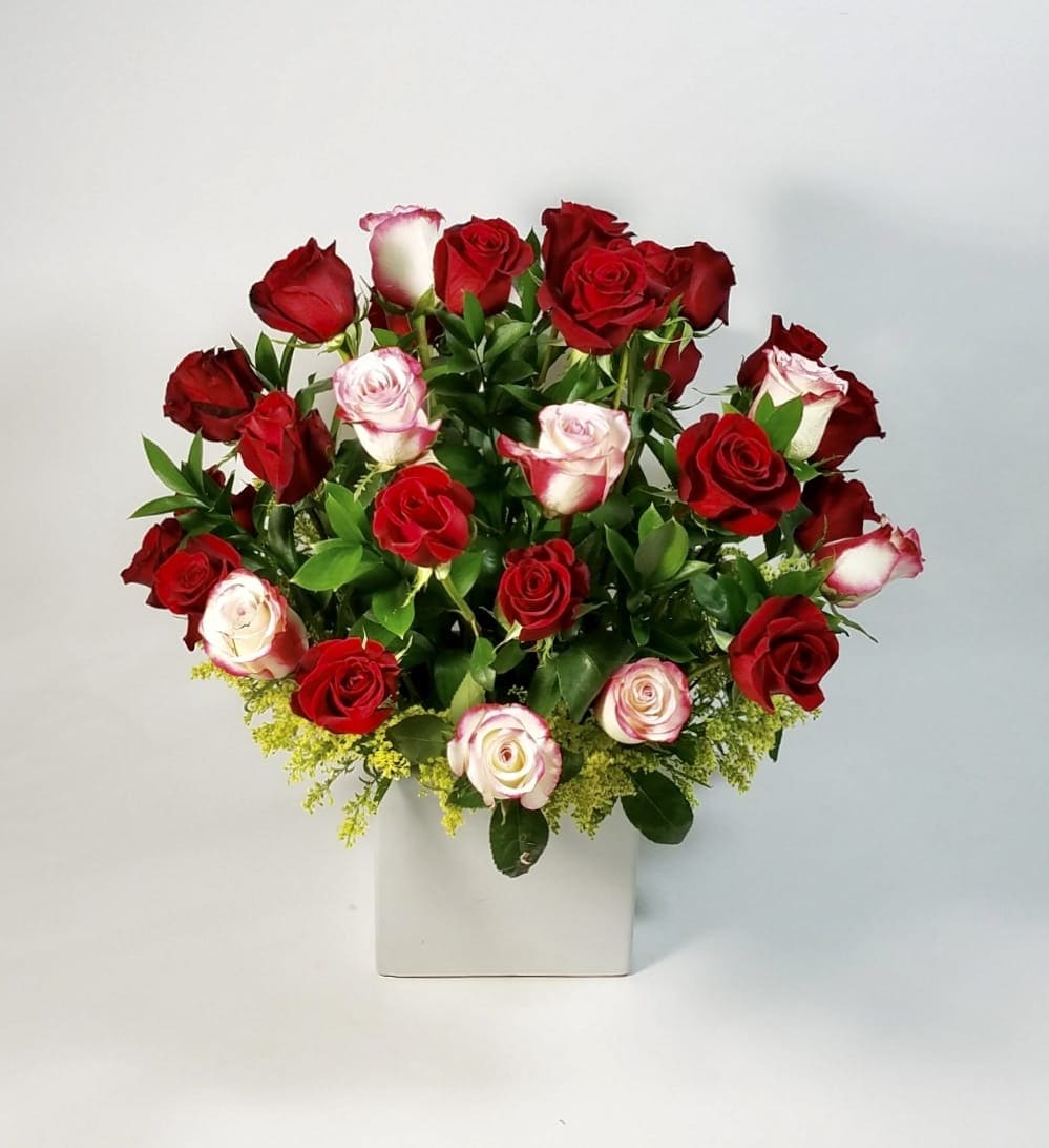 Be Mine - Beautiful Arrangement of Mixed Red and White Premium Long-stand Roses with Greenery and Fillers in a White Ceramic Vase.   