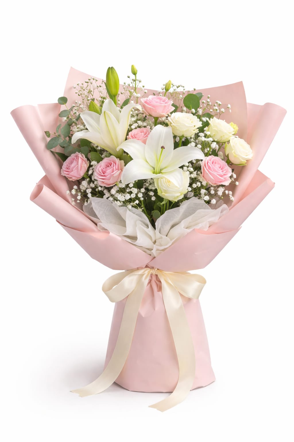 Blush Lily Romance - Blush Lily Romance is a luxurious wrapped bouquet featuring elegant white lilies, soft pink and ivory roses, and delicate baby’s breath, accented with fresh greenery for a clean and romantic look. Beautifully wrapped in blush-toned paper and finished with a satin ribbon, this bouquet is perfect for anniversaries, birthdays, Valentine’s Day, or any occasion where you want to deliver a graceful and unforgettable floral gift.