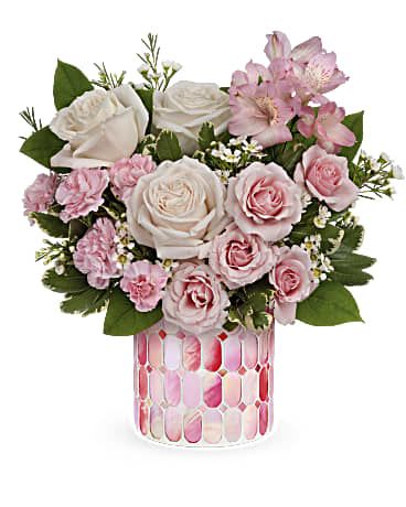Teleflora's Sweet Clouds Bouquet - Celebrate a special day with this sweet treat of radiant roses in a keepsake mosaic vase of candy-pink stained glass.
