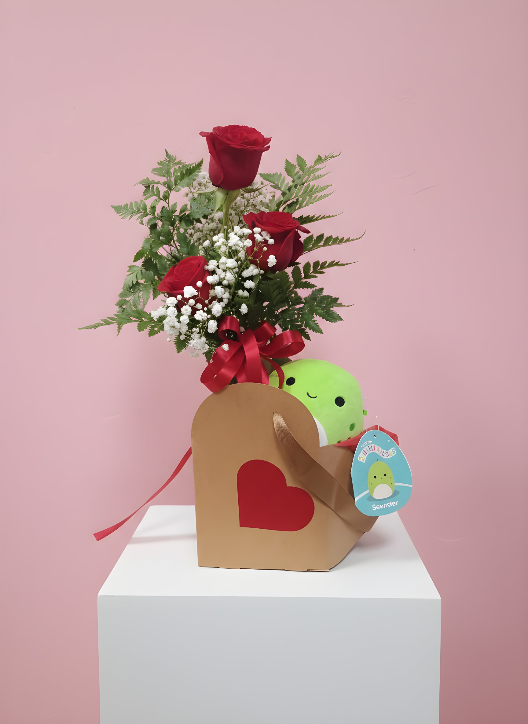 Squishmellow and Roses - Trio Rose Bud Vase gift wrapped with a Squishmellow Friend