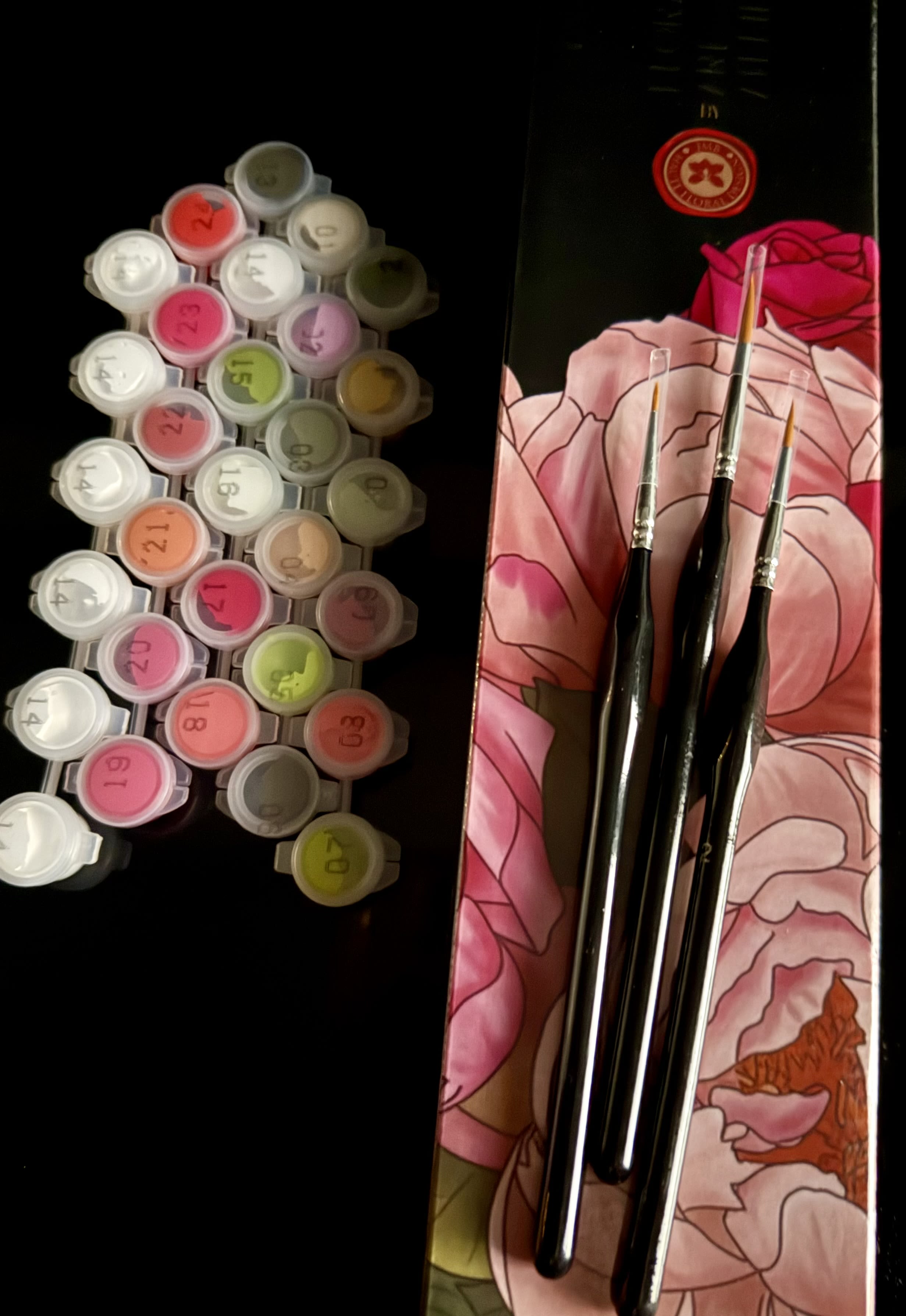 Paint by Numbers Kit - Paint by numbers kit featuring one of our 12 best sold arrangements. Includes rolled numbered fabric canvas of 40 x 50 cm , 24 acrylic paint pots , 3 ergonomic brushes and reference colored picture. Standard price is 1 kit, Deluxe price  2 kits save $6  and Premium price is  3 kits save $15. In bundled purchases with floral arrangements if available we will send the kit picture of your purchased arrangement to make your gift extra special !