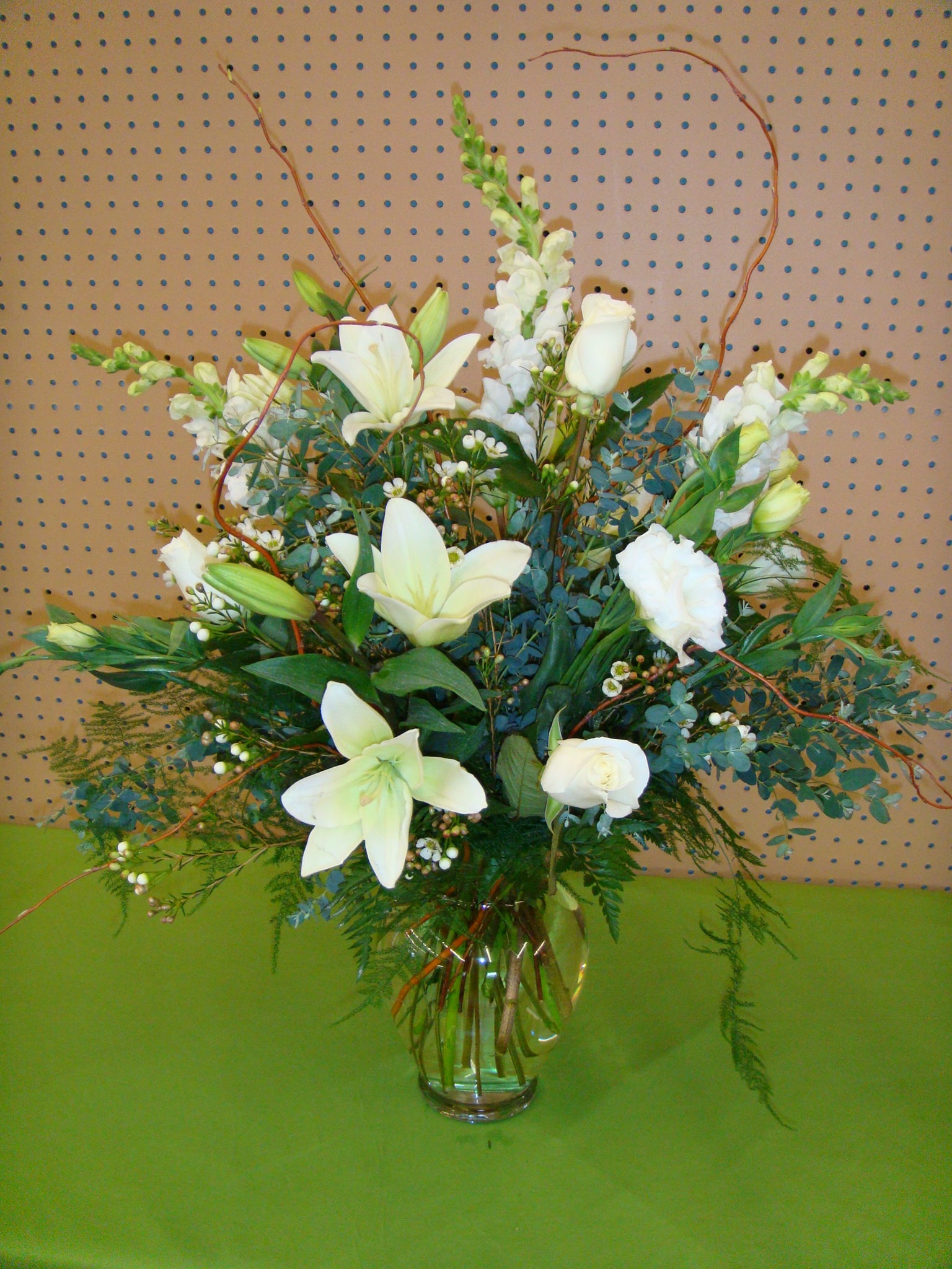  White Glow Vase Arrangement - Please call to verify flowers are available 