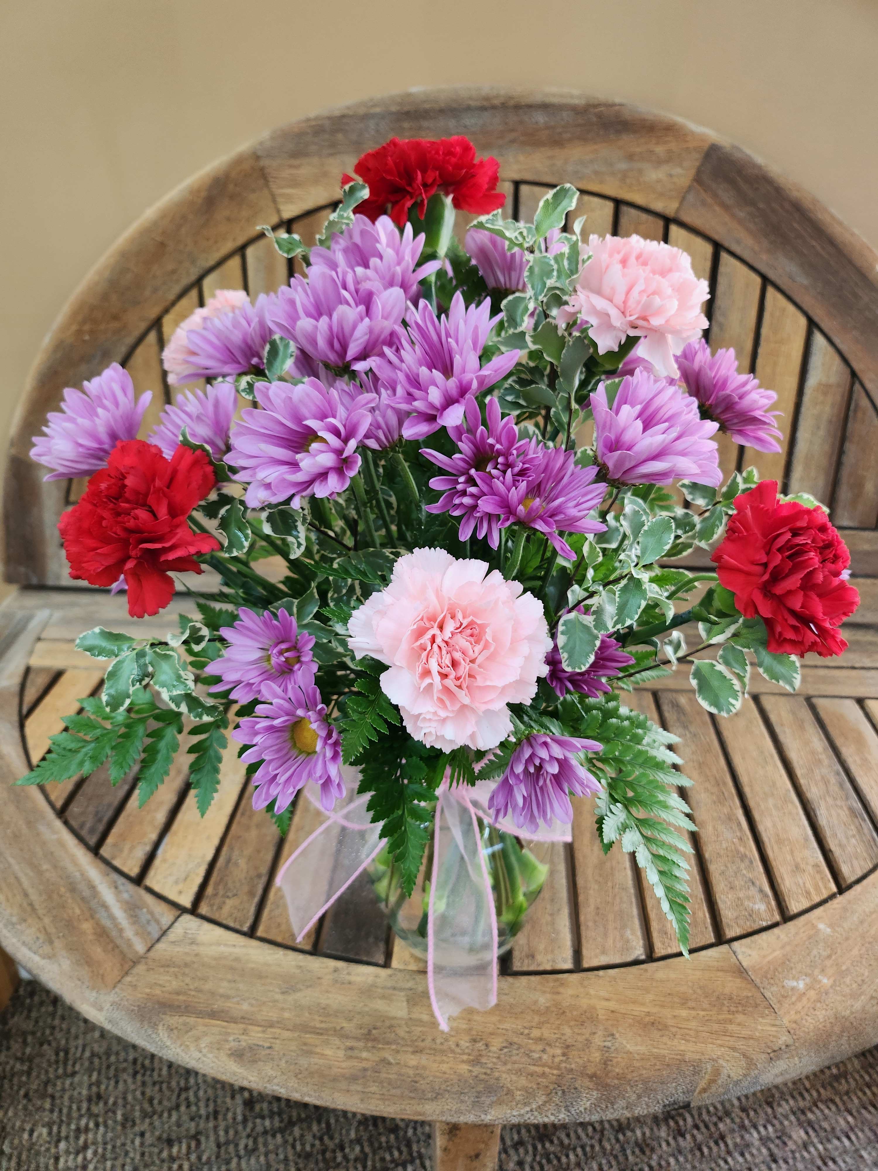 Sweetheart Arrangement - Pink And Red Carnations, Lavender Daisies Arranged With Mixed Greeny And Filler