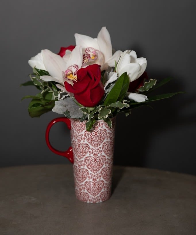 Hey Girl! - Lovely, oversized heart mug filled with orchids, roses, and tulips.