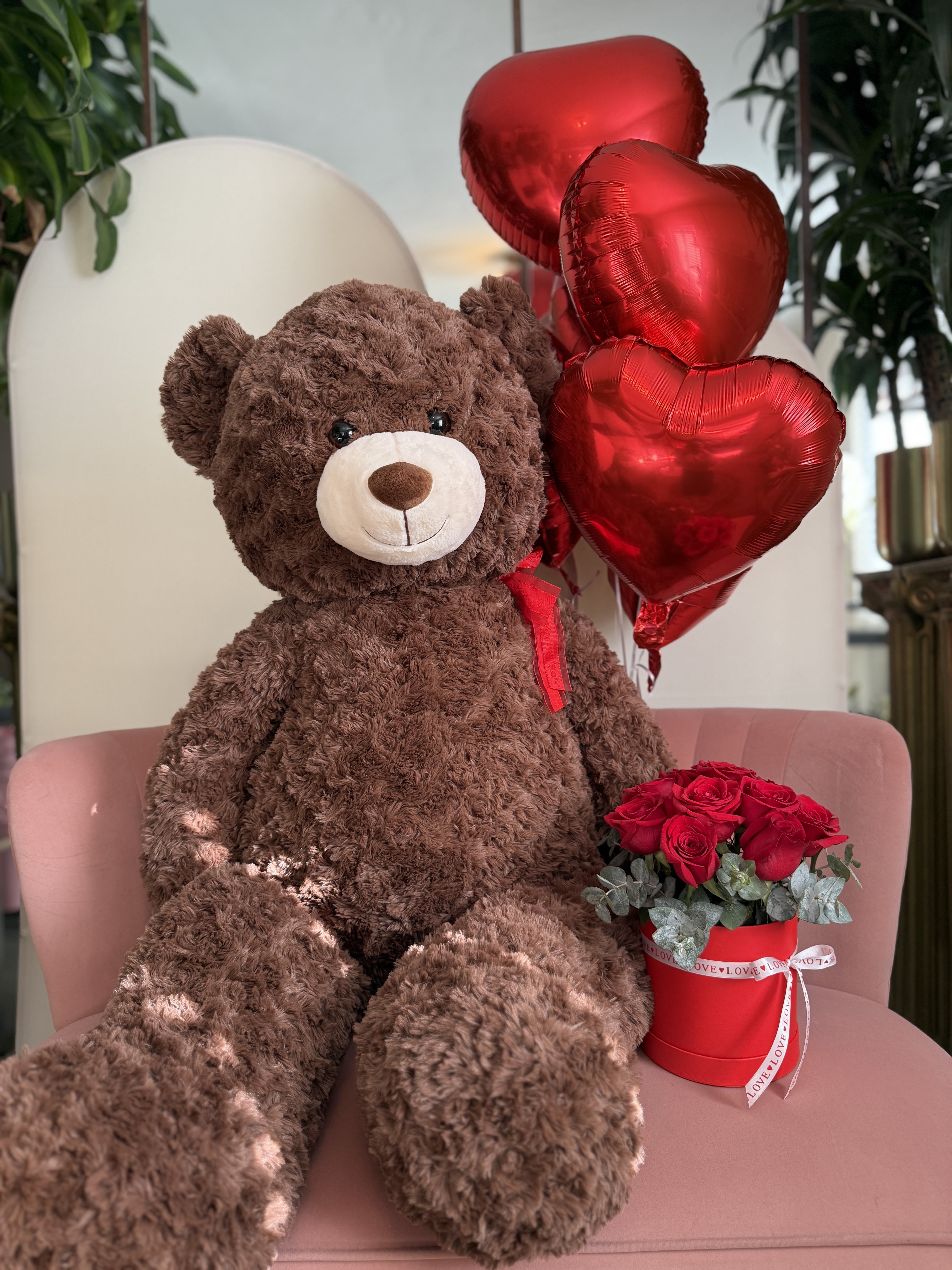 Benito the Bear with Roses and Balloons - Extra Large Teddy Bear, approximately 4 ft tall, with a rose box and balloons. 