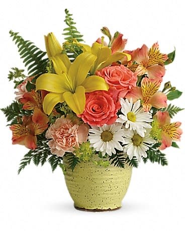 Clear Morning Bouquet - Bright as a sunny morning, this radiant rose and lily bouquet blooms beautifully inside a hand-glazed stoneware pot with delightful hand-painted speckles! This bouquet includes orange roses, yellow asiatic lilies, peach alstroemeria, peach carnations, white daisy spray chrysanthemums, bupleurum, sword fern and leatherleaf fern. Delivered in a Spring Speckle Pot. 
