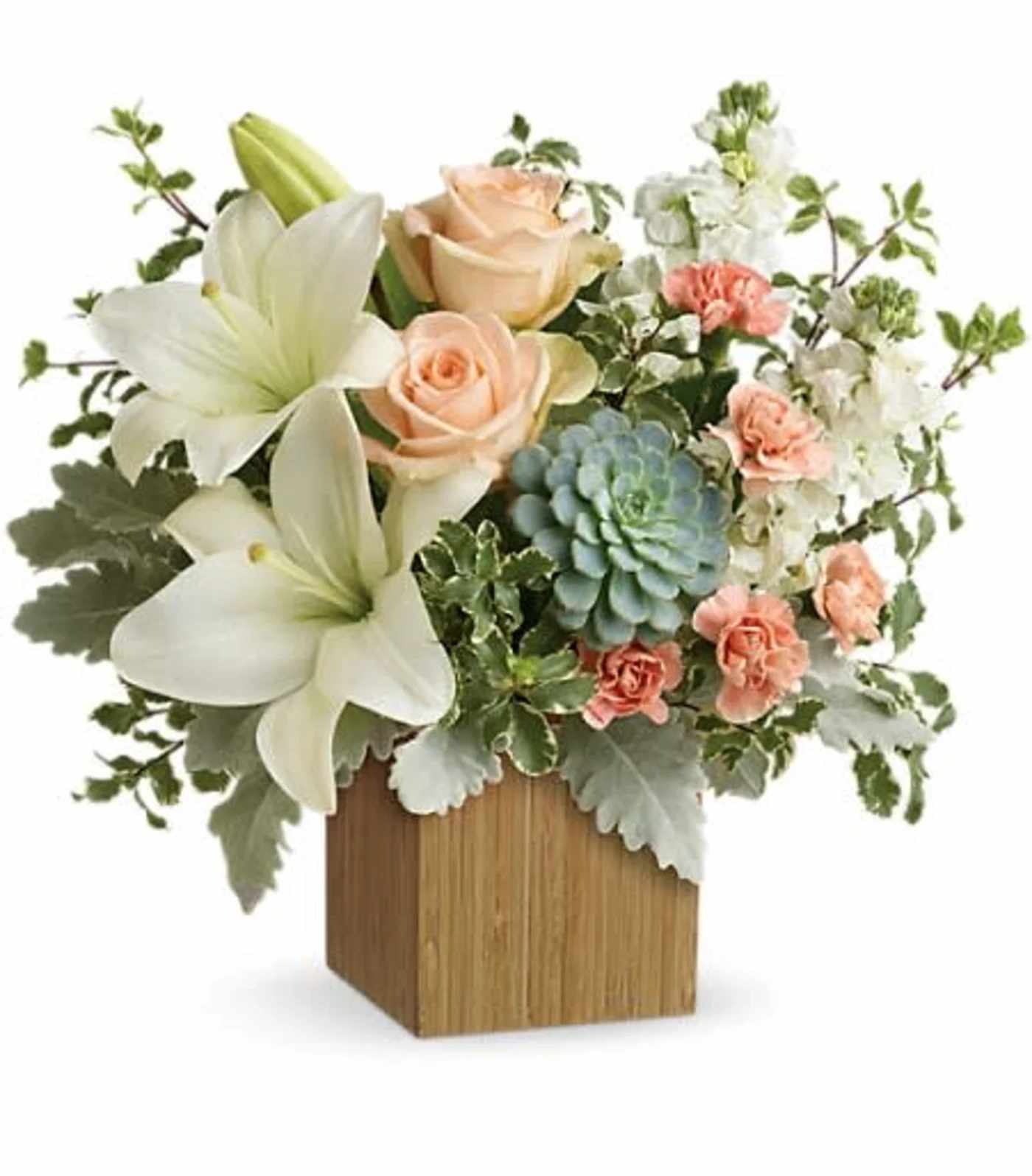 Teleflora's Desert Sunrise Bouquet - Peaceful yet energizing, this unforgettable arrangement of desert-hued blooms and succulents in a sleek bamboo cube is a chic gift on any special occasion. 
