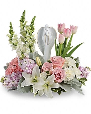 Garden Of Hope Bouquet - Show them you care with this gorgeous display of roses, lilies and tulips, gracefully surrounding a timeless angel sculpture keepsake. Beautifully fragrant, it's a hopeful tribute that will warm their hearts forever. This lovely arrangement of light pink roses, light pink tulips, white asiatic lilies, light pink carnations, white carnations, white snapdragons and light pink stock is accented with dusty miller and variegated pittosporum. Delivered with Teleflora's Angel of Grace keepsake. 