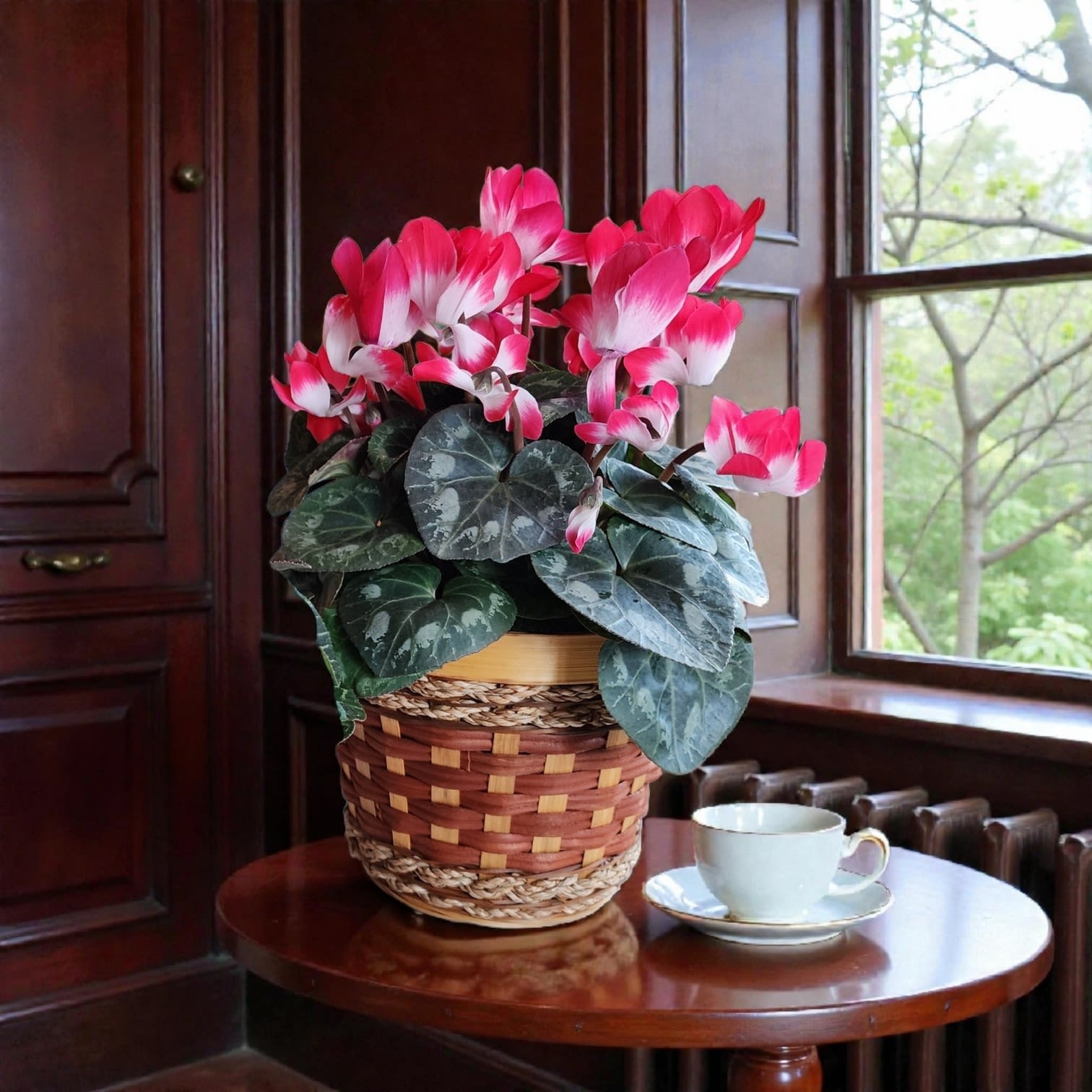 Blushing Hearts Cyclamen - Red and White - Romantic and refined, this 10-inch Cyclamen is a timeless Valentine’s Day gift. Red-and-white blooms rise above rich, heart-shaped foliage, all beautifully presented in a natural woven basket. A long-lasting expression of love that brings warmth, color, and charm to any space.  ** This plant is toxic to cats and dogs.