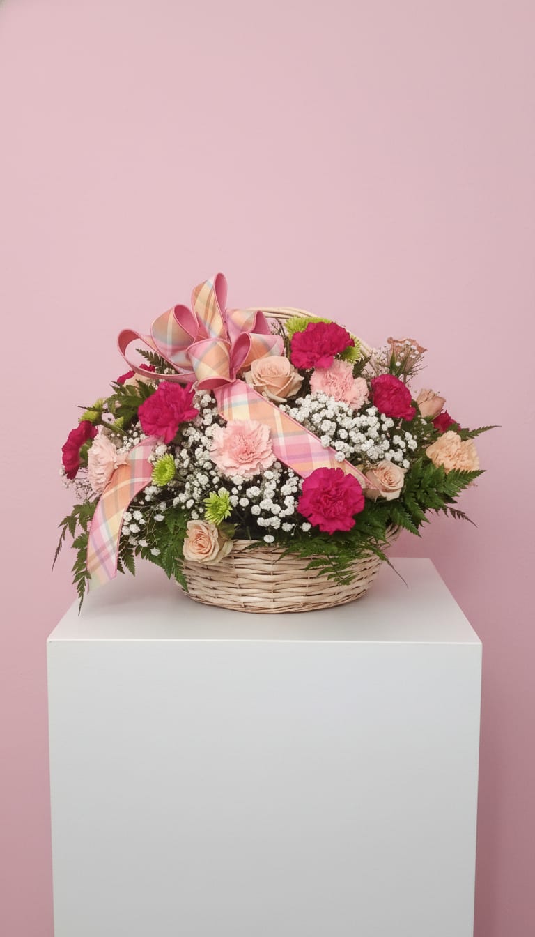 Basket of Love - This handled wicker basket is brining with spray roses carnations green pons and babies Breath.  Great for any occasion 