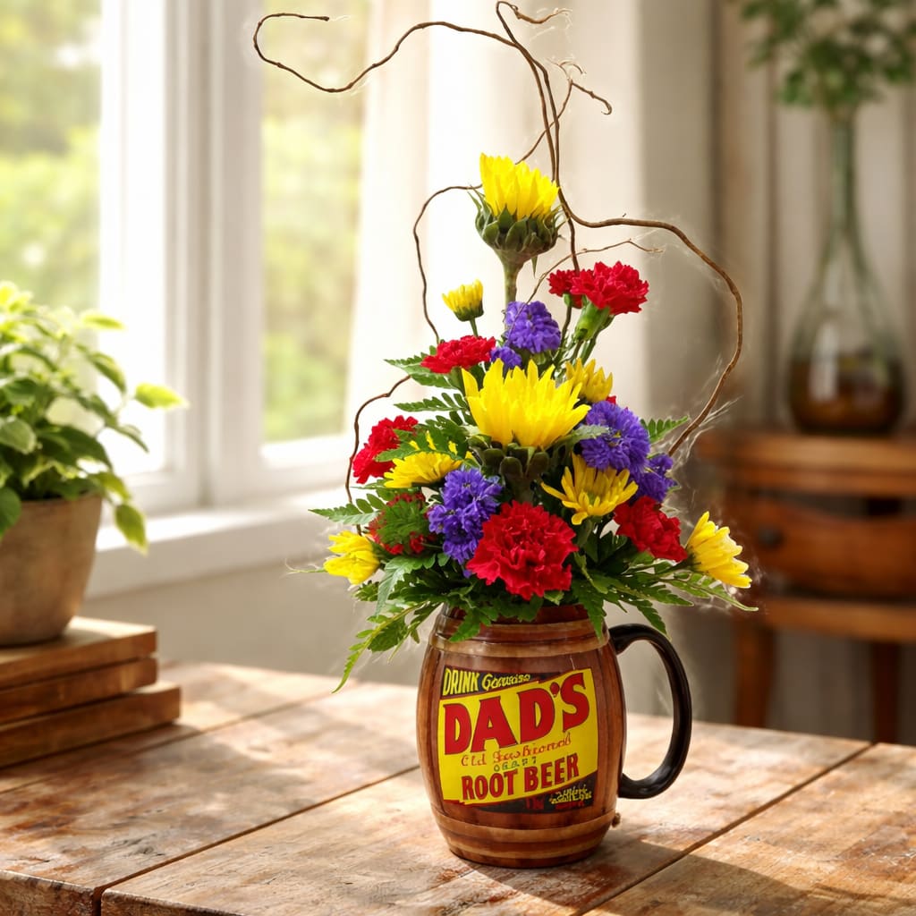 Geniune Dad - Dad's Old Fashion Root Beer Mug Filled With Sunflowers, Red Carnations, &amp; Yellow Daisy's 
