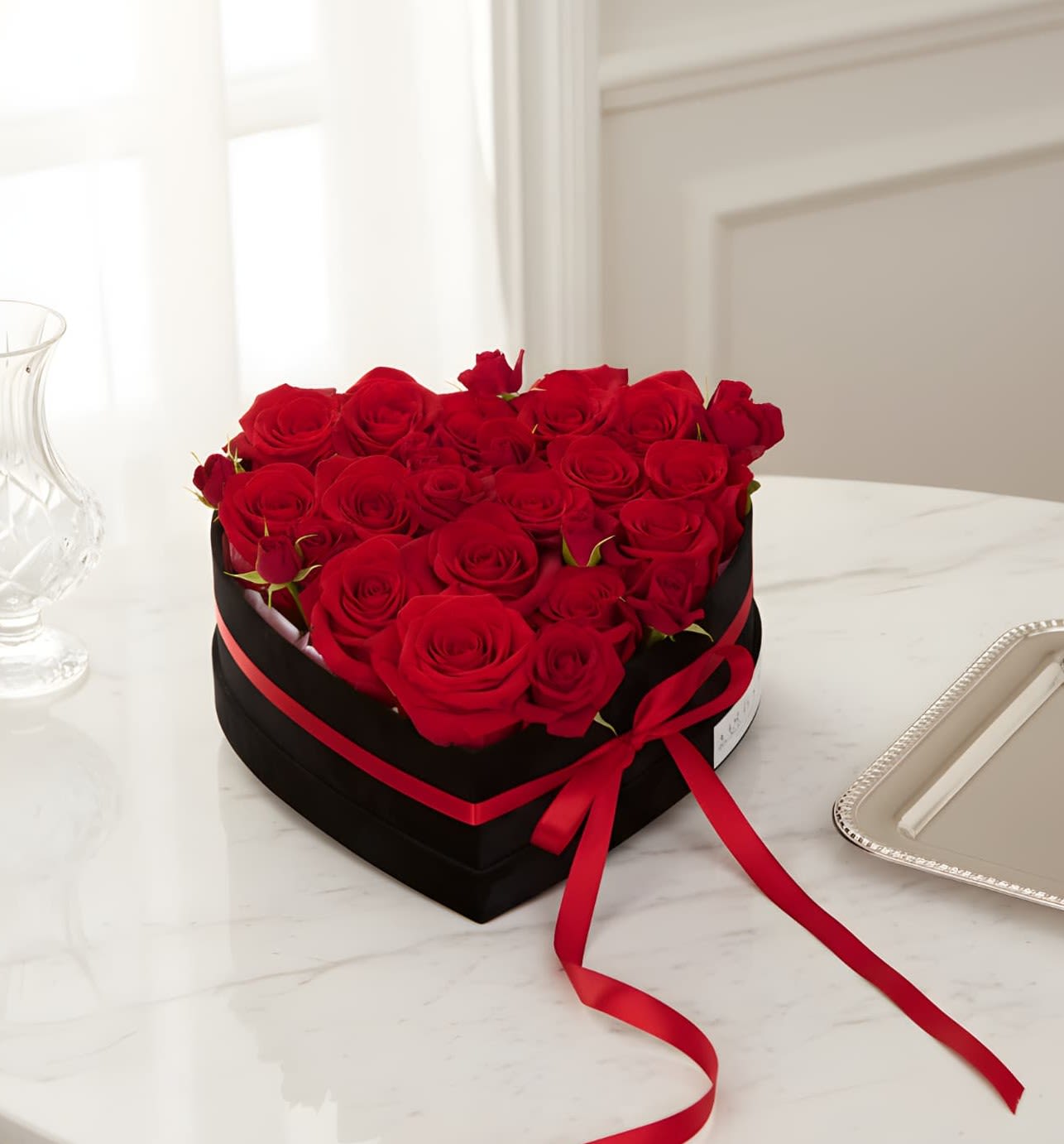 Deeply in Love - A heart-shaped black Velvet box with Roses and Spray roses. Flowers colors can be change with special request - leave a comment with your color preference. Color option : White, Light Pink, Pink, Peach, and Yellow 