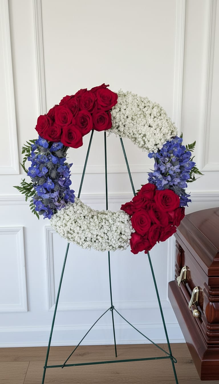 Circle of Honor Floral Wreath - This wreath features a bold yet balanced blend of rich red roses, soft white blooms, and cool blue accents, thoughtfully arranged in a classic circular form to represent continuity and everlasting connection. Designed on a standing easel, this piece makes a powerful statement for ceremonies, tributes, commemorations, celebrations of life, and formal gatherings where honor and remembrance are central.  Each wreath is handcrafted with intention and care, offering a timeless expression of dignity, strength, and reflection.