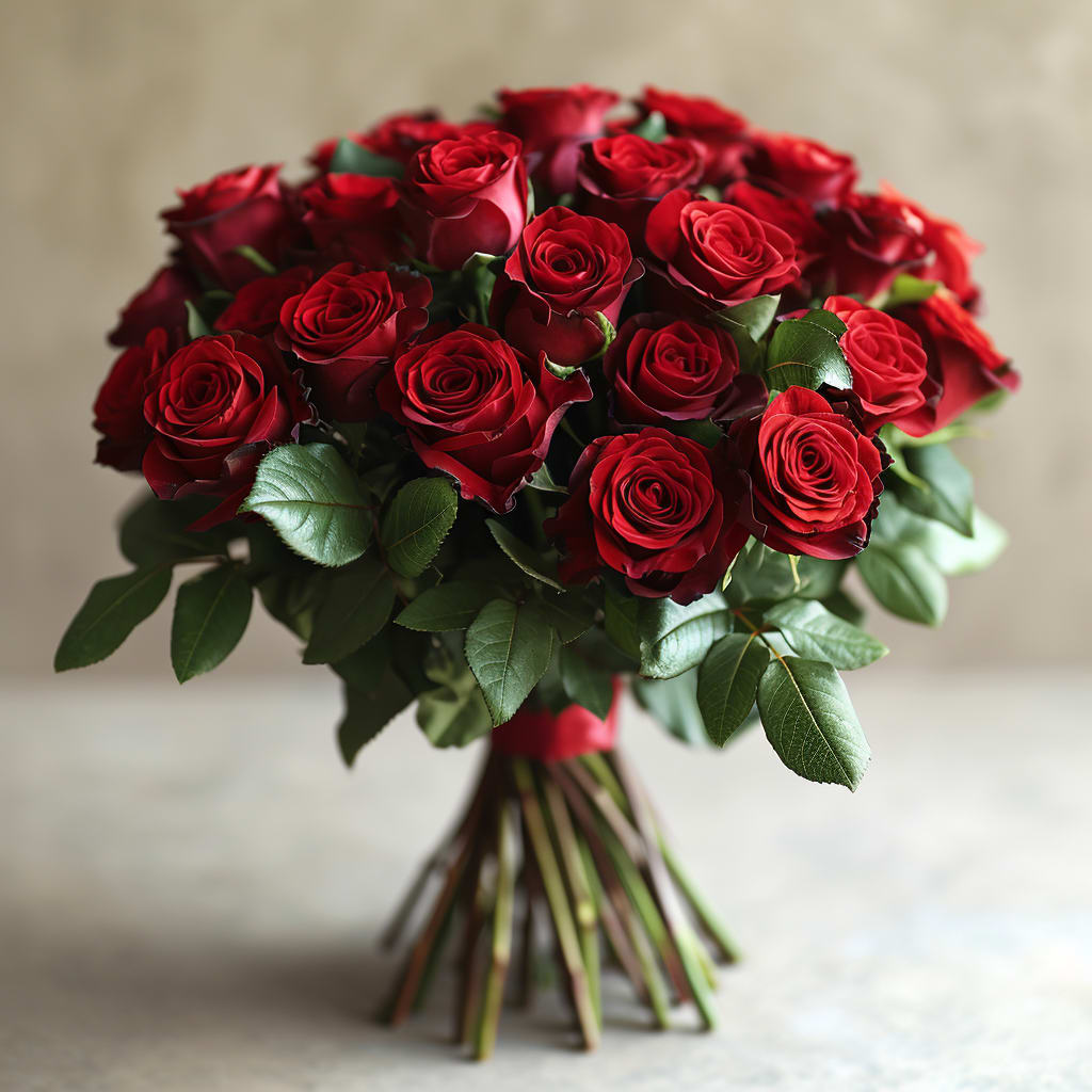 Crimson Embrace - Presenting "Crimson Embrace," an exquisite bouquet that captures the essence of romance, specially curated to celebrate Valentine's Day. This stunning arrangement boasts 24 premium, deep red roses, each one symbolizing an hour of the day spent in the thoughts of your beloved. The velvety petals are complemented by rich green foliage, creating a breathtaking contrast that speaks volumes of your undying love. Perfect for that special someone, "Crimson Embrace" is a timeless testament to passion and affection, making it an unforgettable gift for this season of love.