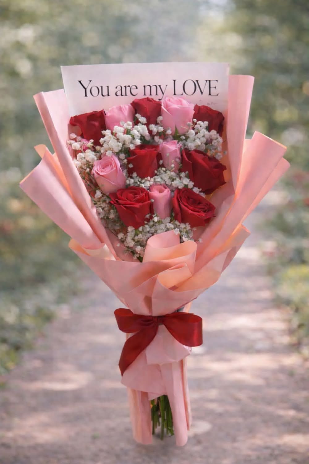 You are my Love Bouquet - A timeless expression of love, this elegant hand-tied bouquet features a beautiful mix of rich red and soft blush pink roses, delicately accented with fresh baby’s breath. Wrapped in layers of soft pink designer paper and finished with a classic red satin bow, this bouquet is crowned with a heartfelt “You are my LOVE” message, making it perfect for Valentine’s Day.