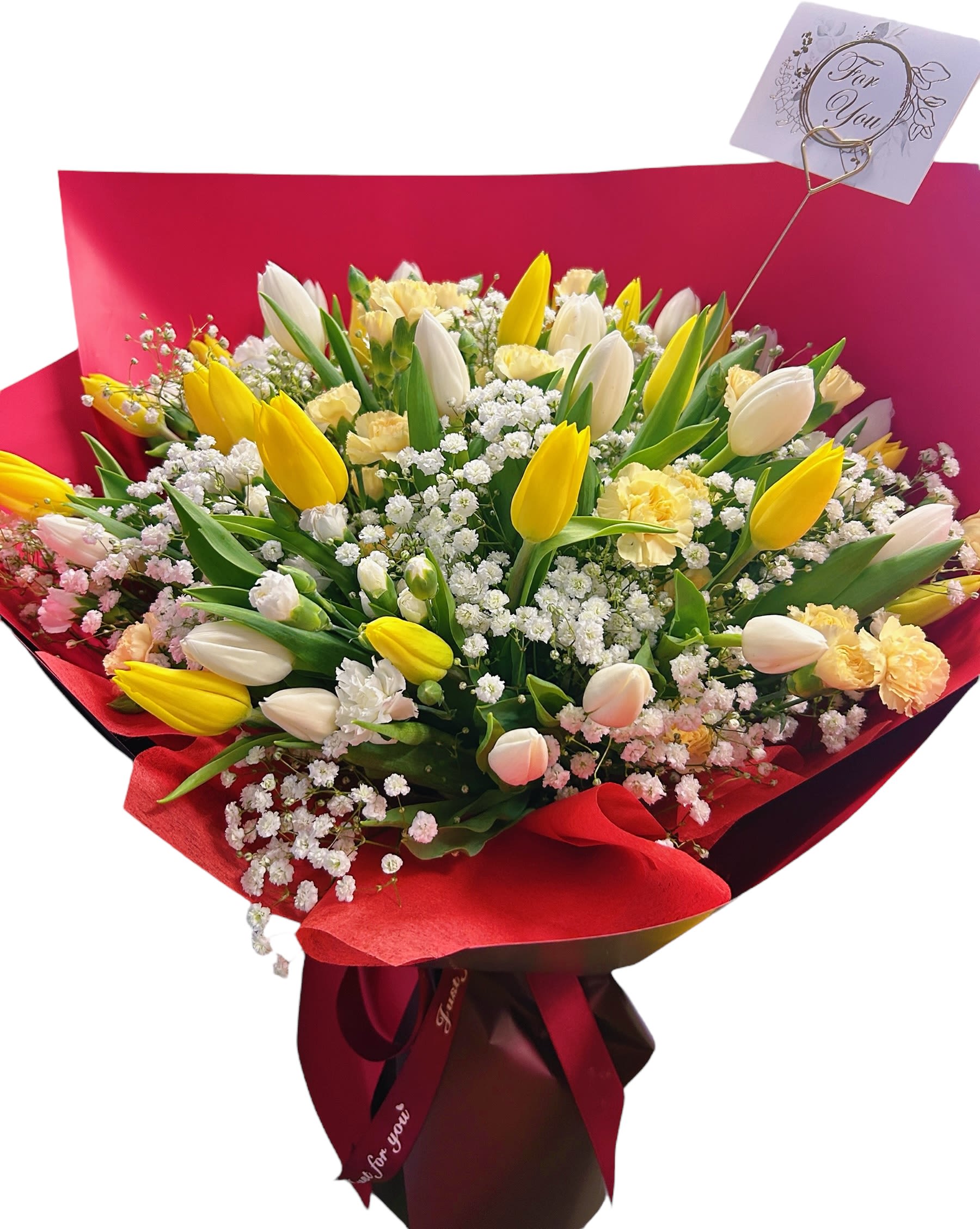 Bright Yellow &amp; White Tulip Bouquet with Baby’s Breath - A radiant bouquet featuring yellow and white tulips, accented with delicate baby’s breath and soft carnations. Wrapped in vibrant red paper, it conveys warmth, cheerfulness, and elegance — perfect for birthdays, celebrations, or to brighten someone’s day.