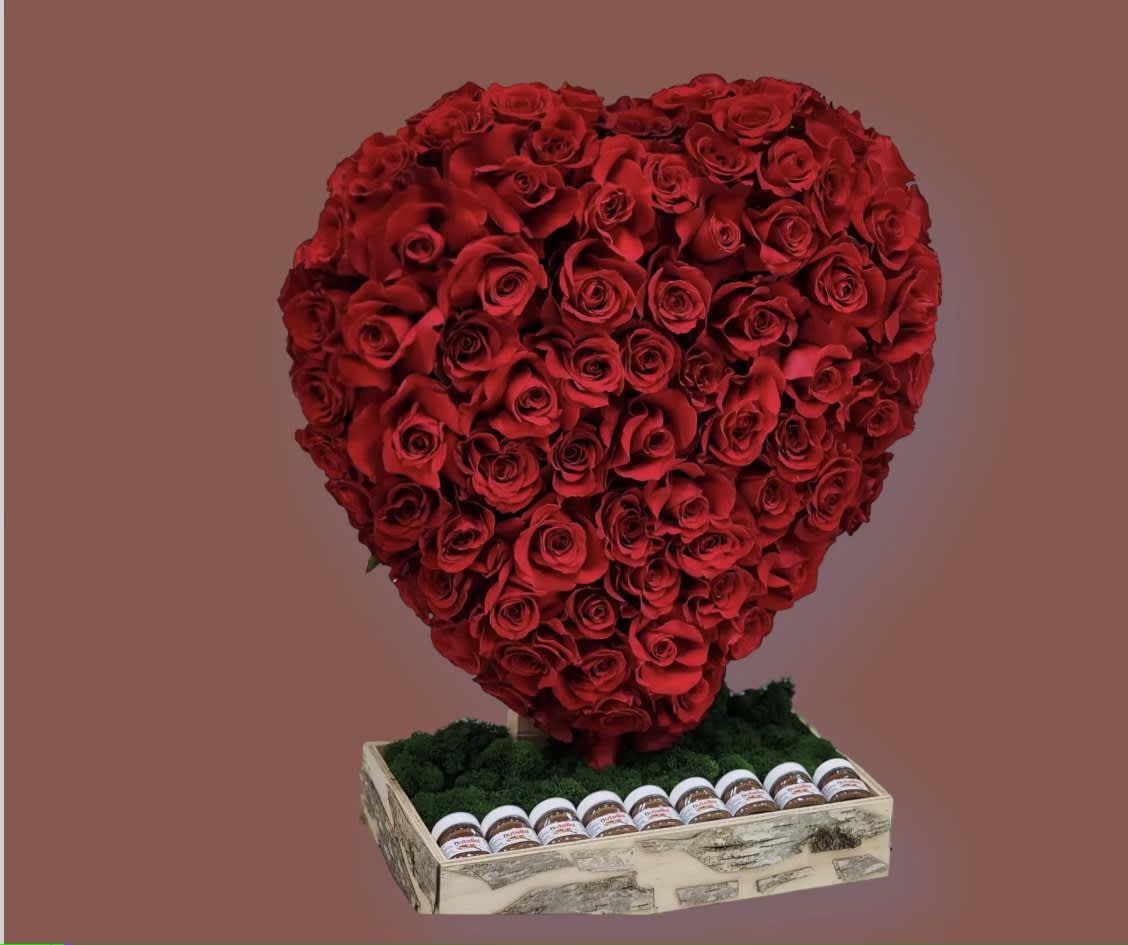 Extravagant Valentine's Day Heart Arrangement - Heart filled with roses (any color) with moss filled stand