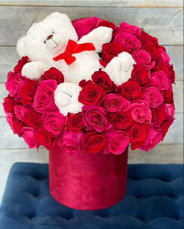 Flowers and Stuffed Bear Combo - All around roses of any color arranged in box (stuffed bear included)
