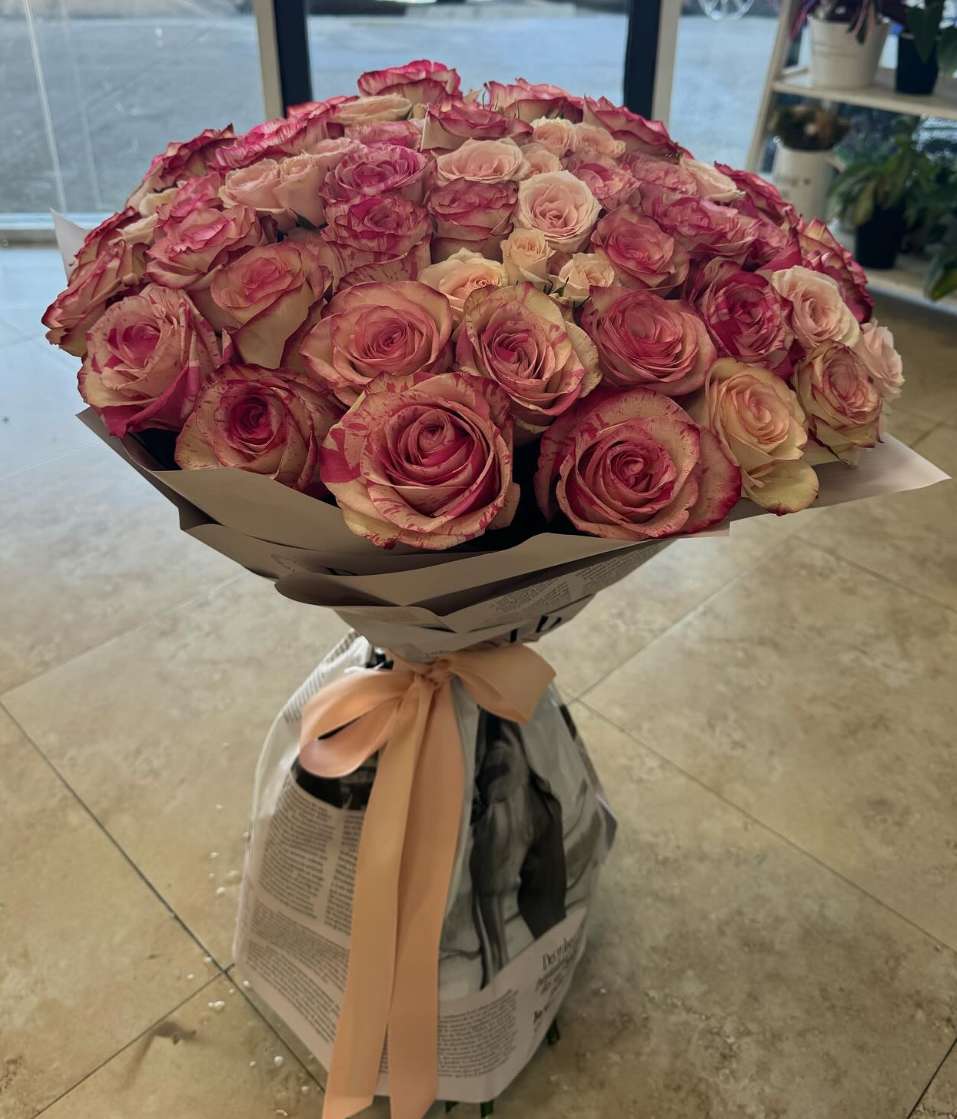Mixed Rose Bouquet  - 50 roses with one bunch spray roses wrapped in a bouquet
