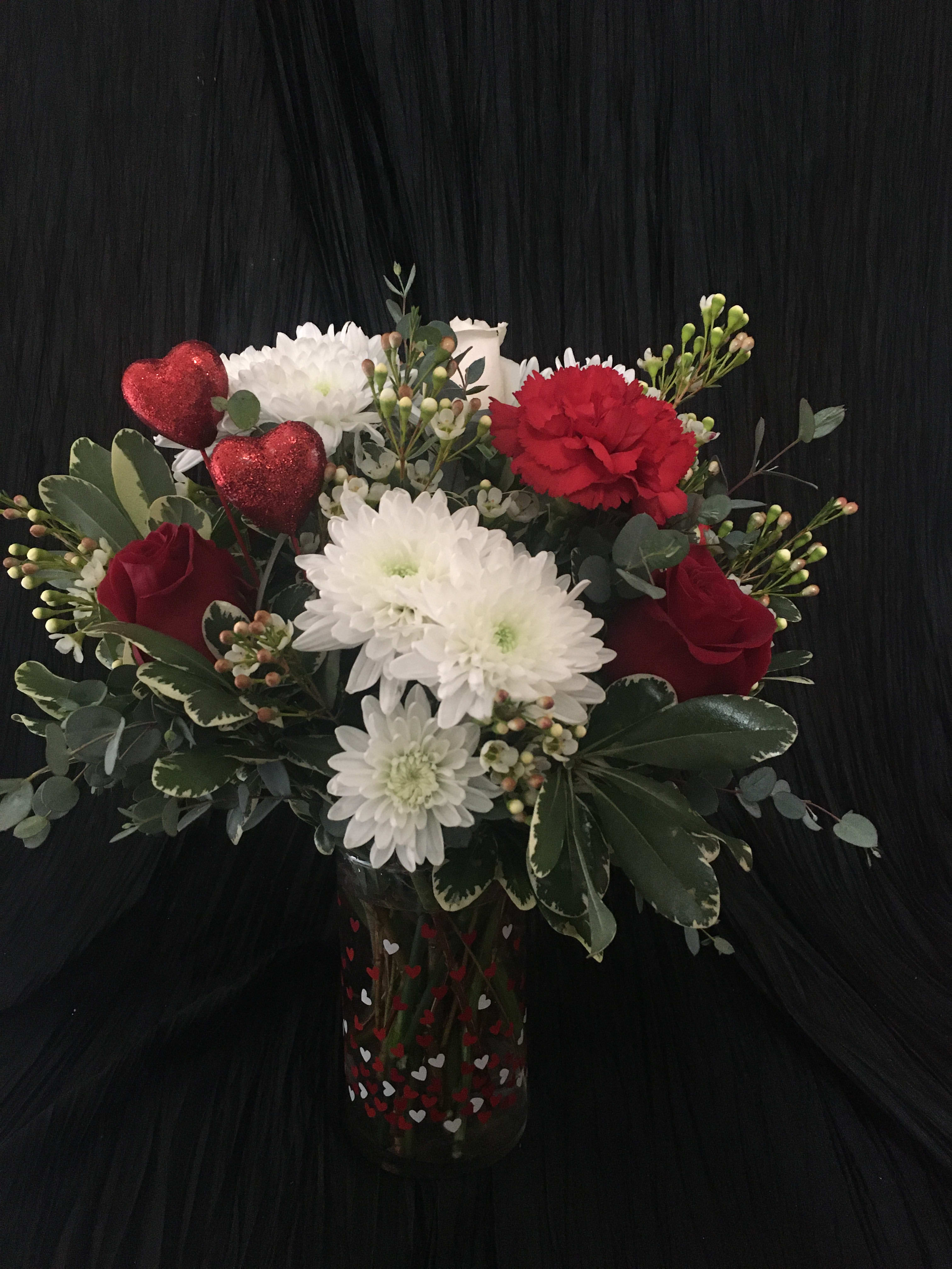 I "Heart" you - red &amp; white flowers in a red vase 