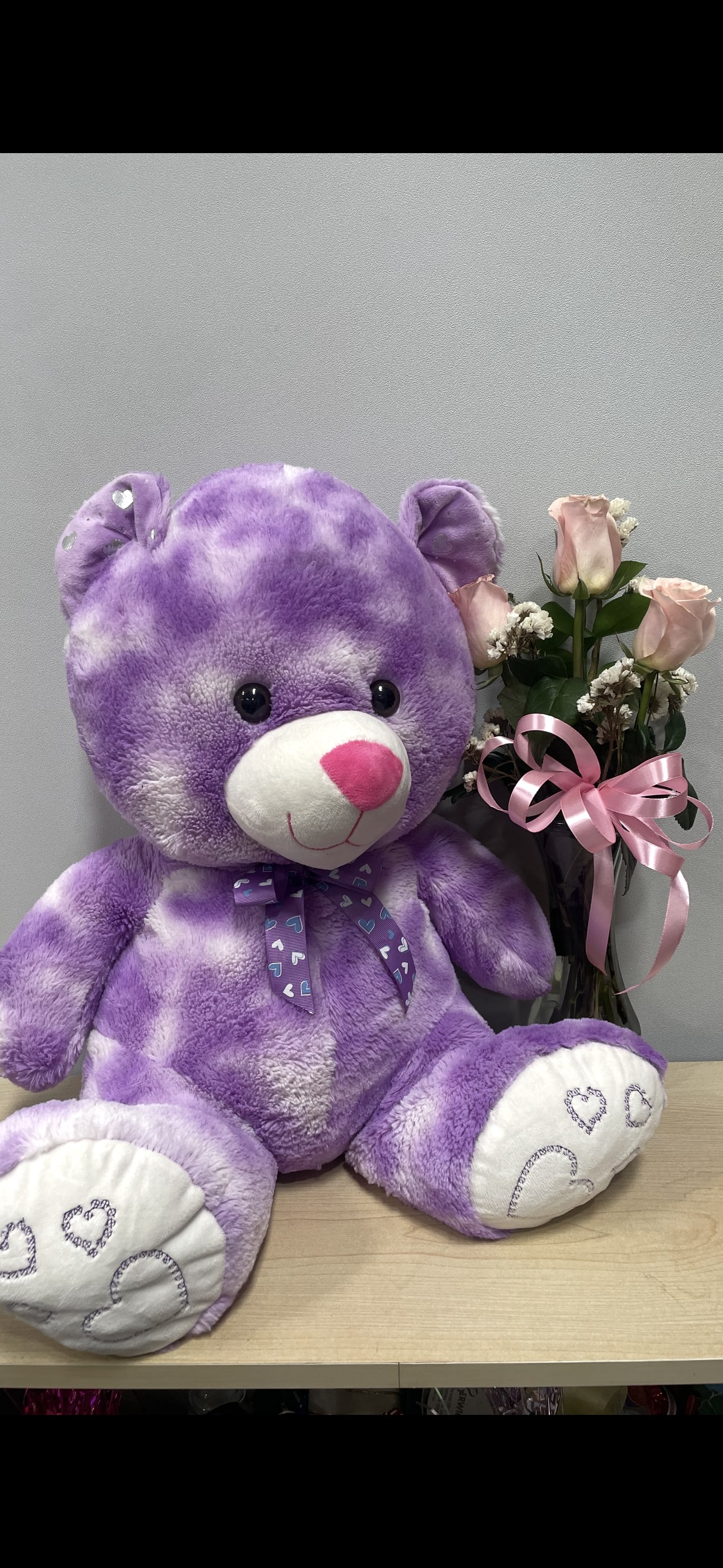 Lg. Purple Bear &amp; Pink Roses - As shown 