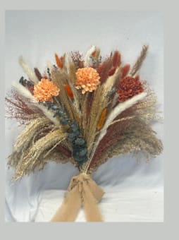 Boho Pampas Bridal Bouquet - A stunning hand-tied bouquet featuring pampas grass, dried florals, and earthy autumn tones. Perfect for brides who love a natural, romantic, and free-spirited look. Finished with soft ribbon tails for a timeless bohemian touch. Better for Weddings, Aniversary 