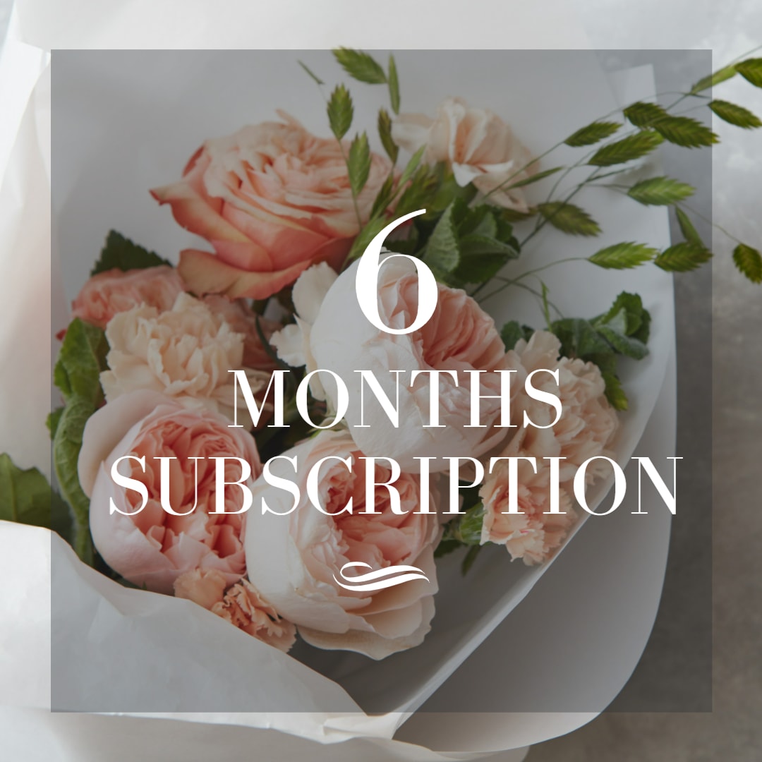 6 - Months Subscription  - The flower gift that gives even more! Treat yourself or remember someone else with fresh flowers hand-delivered to your door or theirs every month for 6-Months. Buy a 6-Month Flower Subscription from Draper Flower Cart and get FREE DELIVERY!  It's super easy.  - Simply choose the size arrangement you would like to receive for yourself or as gift for someone else – either Standard, Deluxe or Premium.  - Choose the color palette of arrangement you prefer:  a Bright Blooms or Pastel Palette.  Tama will contact you to discuss any particulars and confirm dates of delivery.* Then just as arranged Tama will personally design each bouquet and hand deliver them to the door, home or office of the your recipient of choice with a sentiment card included.** Six arrangements are included in the 6-Month Subscription (one per month for 6 months).  *Excludes all major U.S. and personal holidays. Our subscription is meant to give the gift of flowers over a specific period of time; one arrangement per month for 6 consecutive months from the original purchase date.   **One delivery address will be used unless a specific arrangement is agreed upon and made directly with Tama.