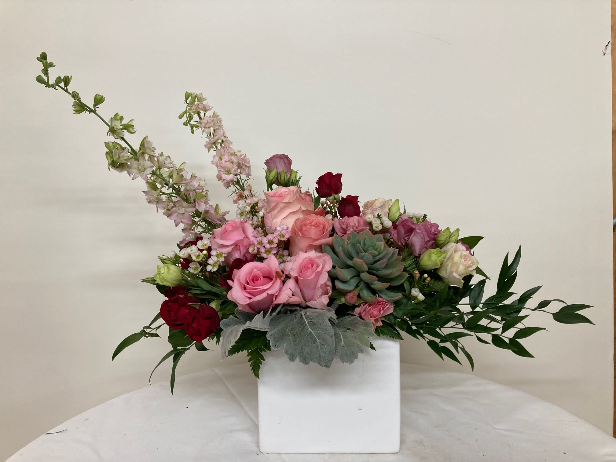 Valentine Blush with Succulent - Pink and red roses with succulent