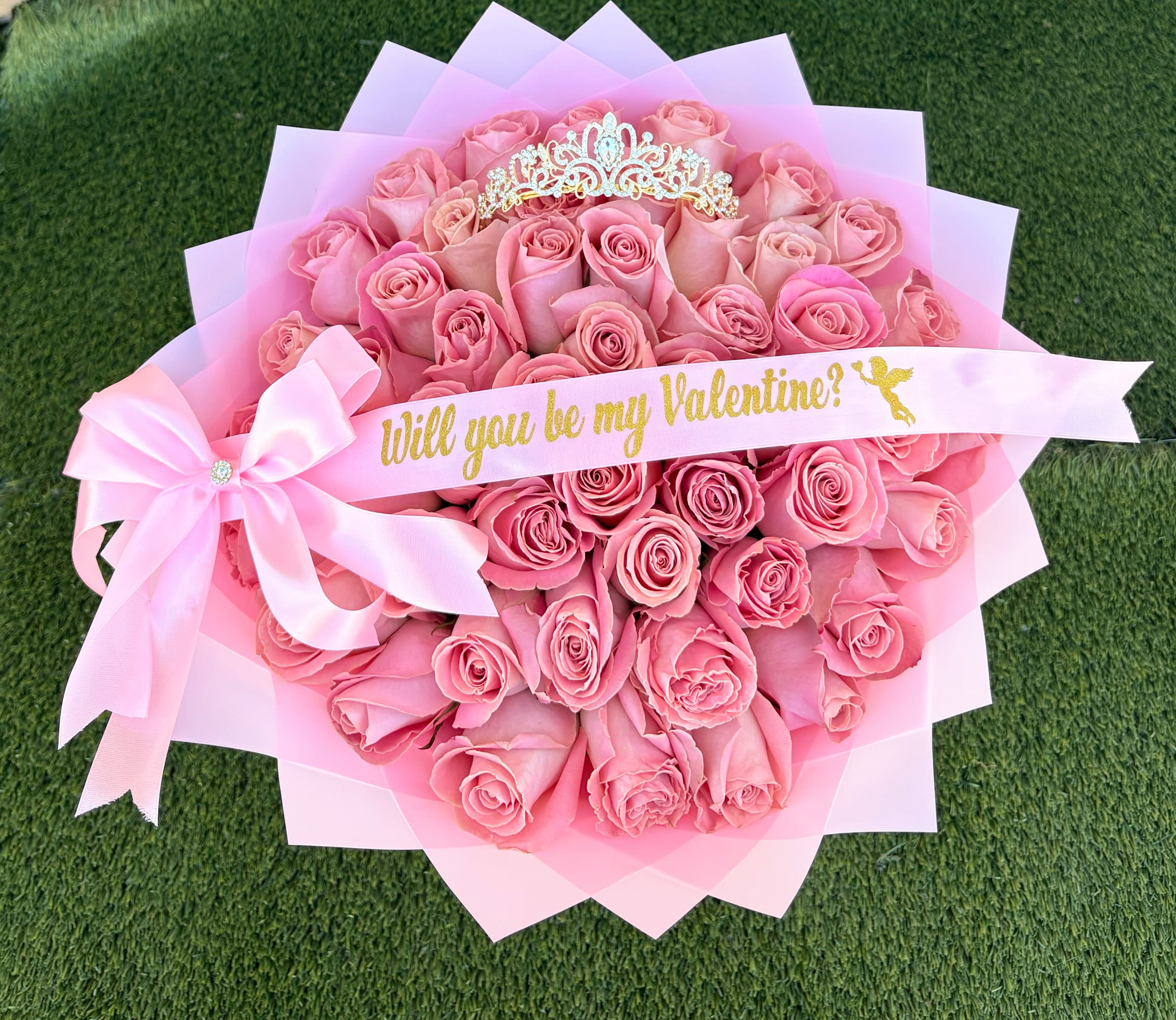  (will you be my Valentine?) Beautiful Pink Maxi Bouquet  - 48 pink roses wrapped in pink paper with a crown and beautiful butterflies, and finished with a beautiful designer  bow.