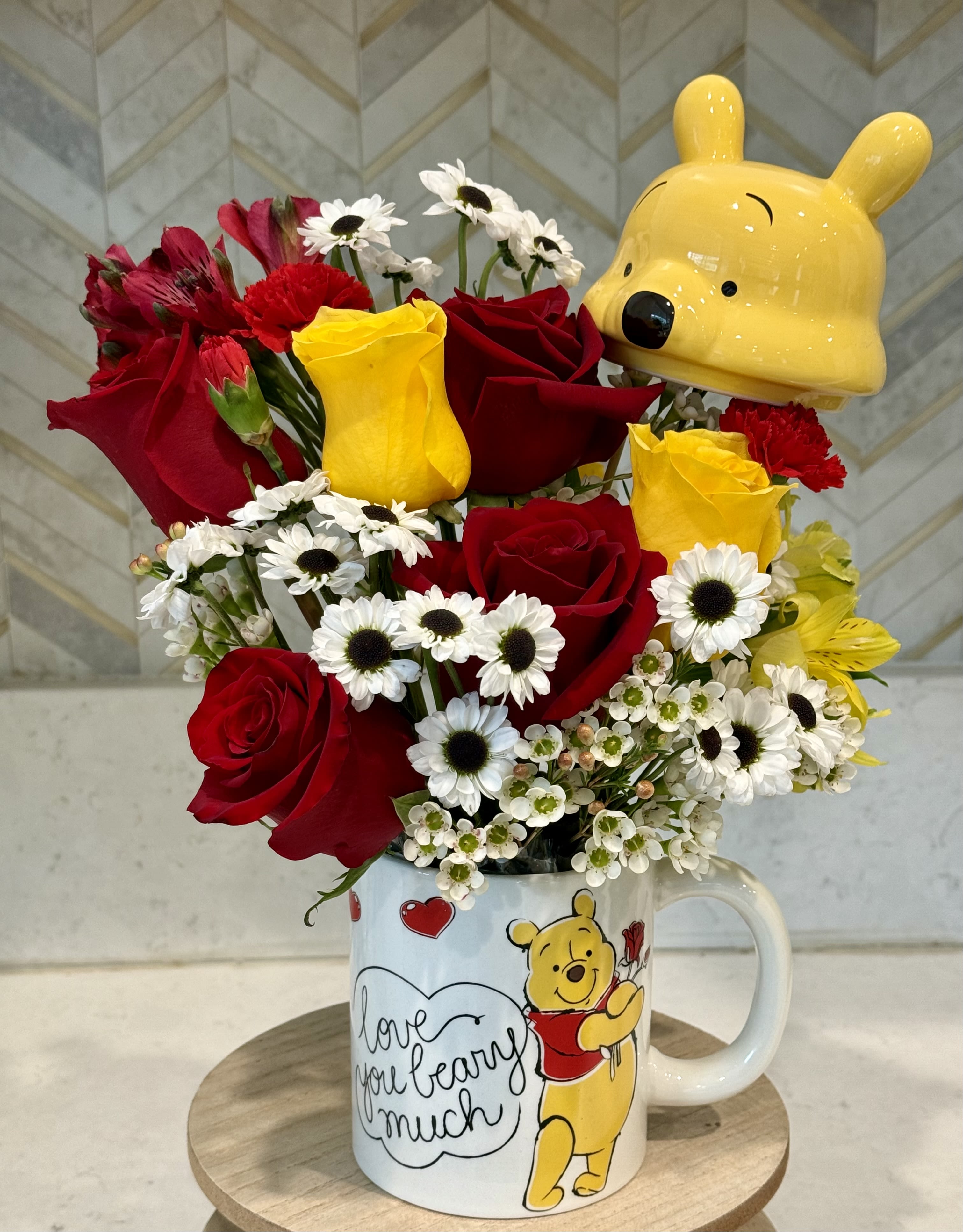 Love You Beary Much  - Coffee mug with lid flower arrangement   Limited quantity 