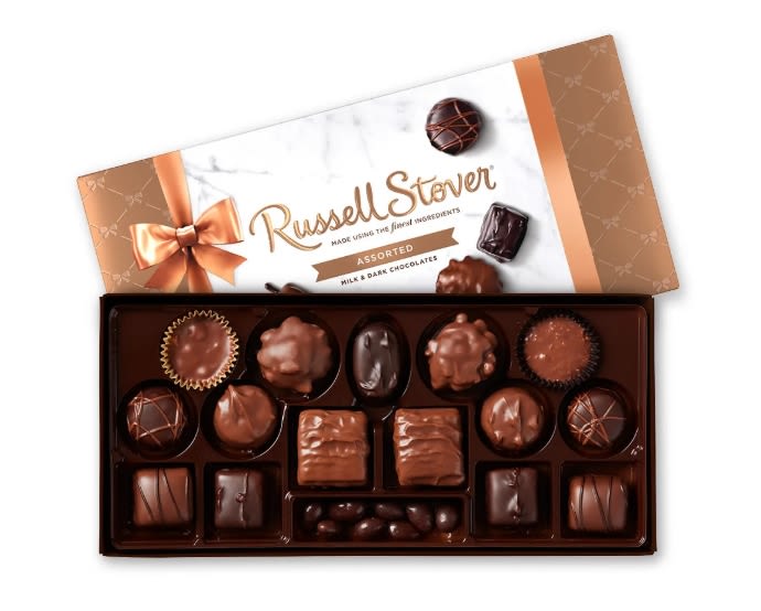 Russell Stover Assorted Chocolates, 9.4 oz. Box - Show some love today with a simple 9.4 oz. box of Assorted Chocolates. From milk chocolates filled with peanuts and caramel to dark chocolates filled with Almonds and Truffles this assortment is the perfect boxed chocolate gift. Includes:  Milk Chocolate Peanut Cluster Dark Chocolate Chocolate Truffle Milk ChocolateCashew Cluster Milk Chocolate Pecan Delight Milk Chocolate Toffee Square Dark Chocolate Nut Caramel Milk Chocolate Caramel Dark Chocolate Panned Almonds Milk Chocolate Strawberry Cream