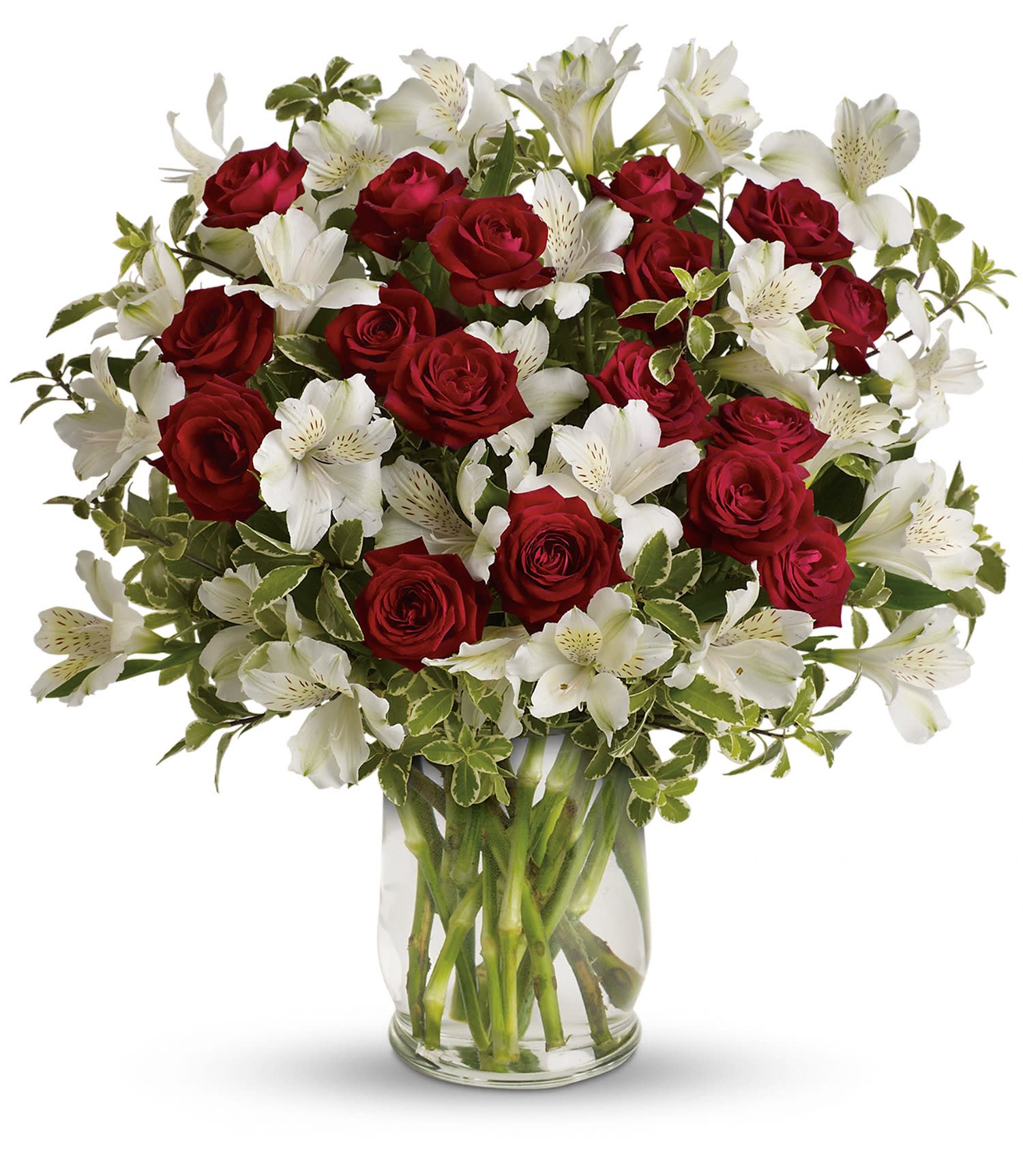 Endless Romance Bouquet by Teleflora - Includes red spray roses, white alstroemeria and pretty pitta negra. Delivered in a glass hurricane vase. Approximately 15" W x 16 1/2" H