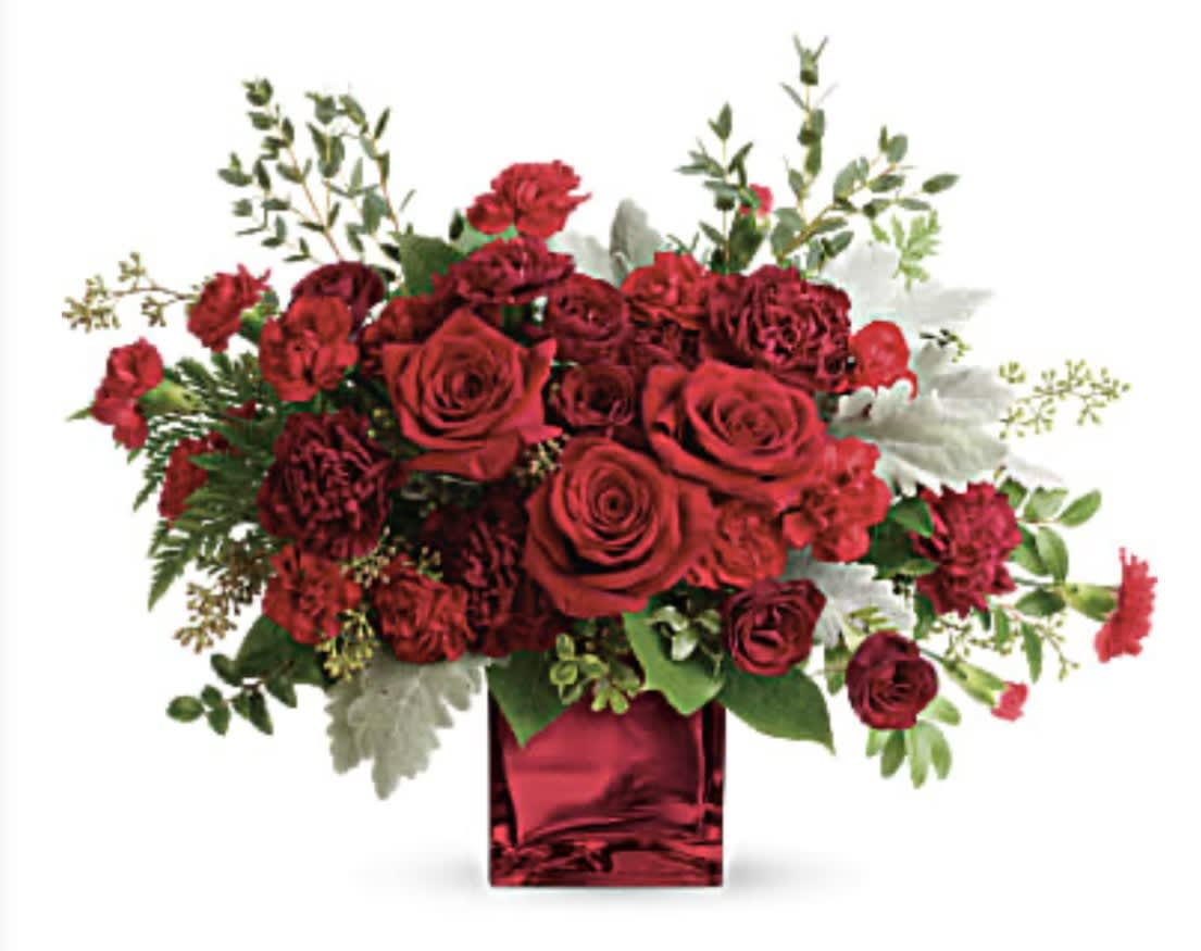 Rich In Love Bouquet by Charlene - Red shades can come in warmer varieties or darker shades, which may be one reason behind most people's admiration of the hue. The color helps to increase enthusiasm, while encouraging confidence and people to take action. Red has also been found to create a sense of protection from fears or anxiety. 