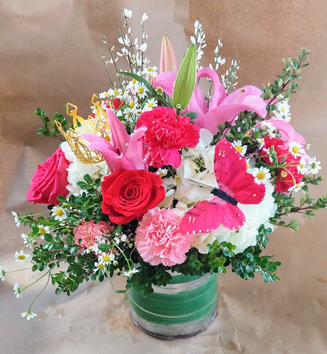 The Princess of my Heart! Heart ️  - This perfectly designed floral arrangement with specific details, such as vibrant shades of pink, a festive crown and summery Butterflies, will definitely confirm to the princess in your life how special she is to you.